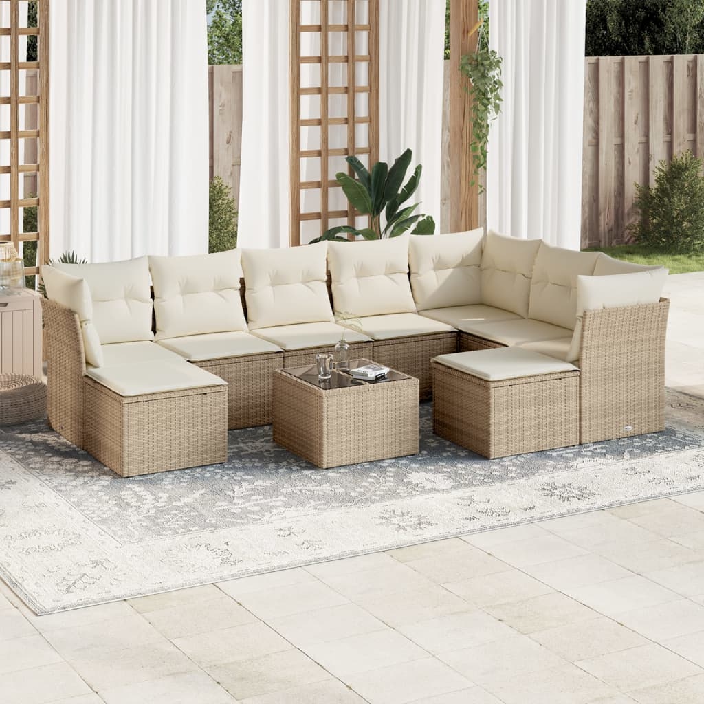 Set Divano da Giardino 10 pz con Cuscini Beige in Polyrattan