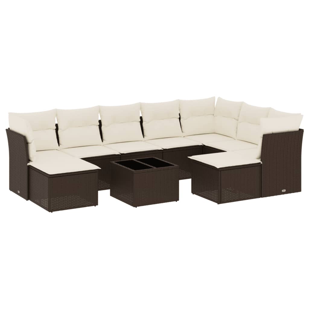 Set Divani da Giardino 10pz con Cuscini in Polyrattan Marrone