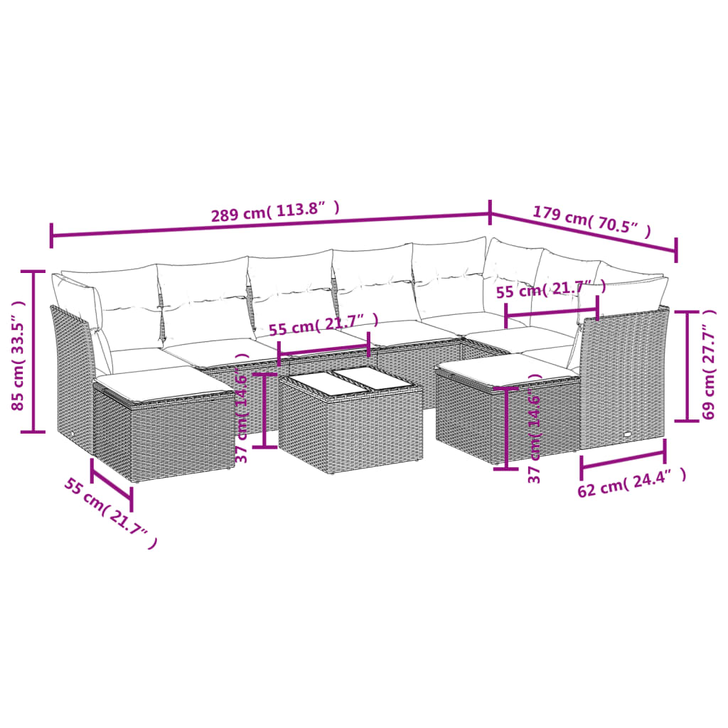 Set Divani da Giardino 10pz con Cuscini in Polyrattan Marrone