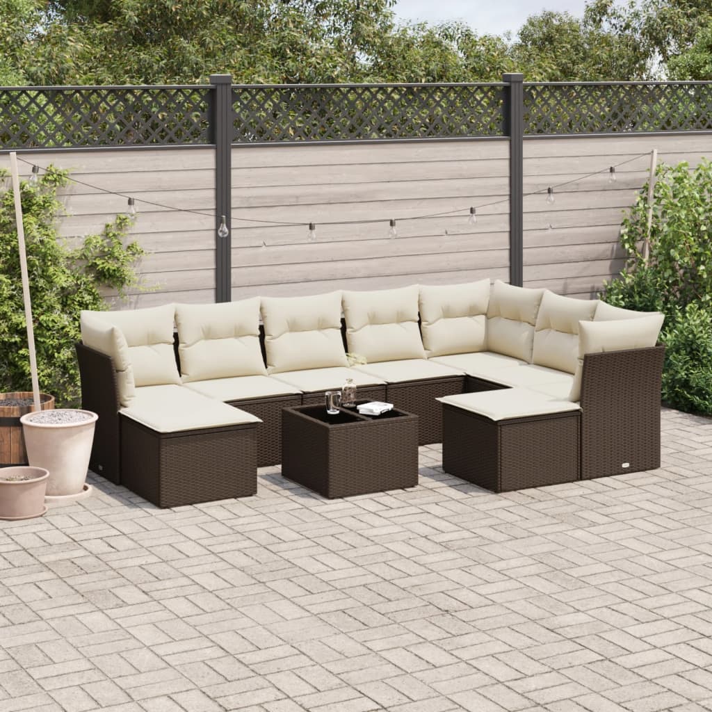 Set Divani da Giardino 10pz con Cuscini in Polyrattan Marrone