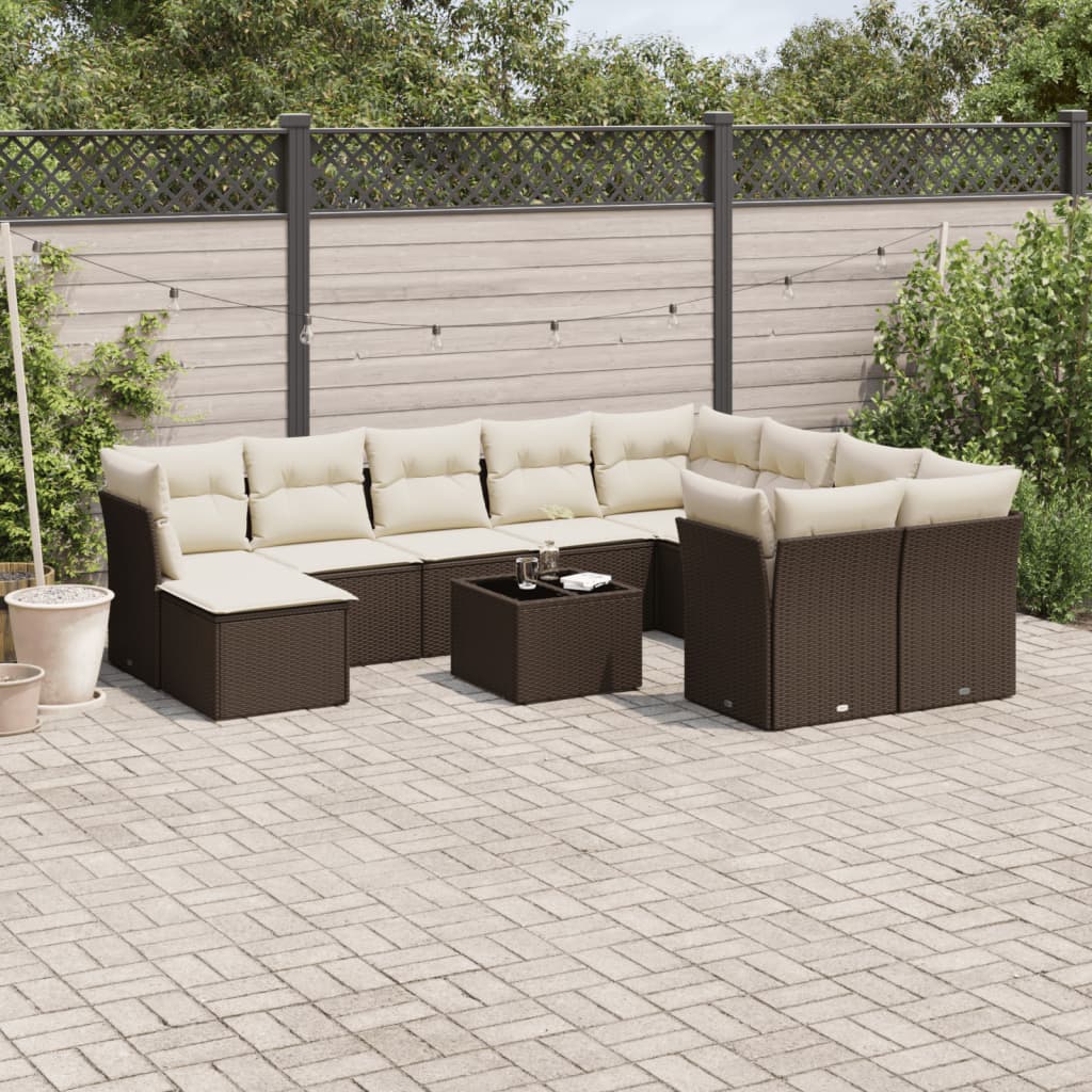 Set Divani da Giardino 11 pz con Cuscini Polyrattan Marrone