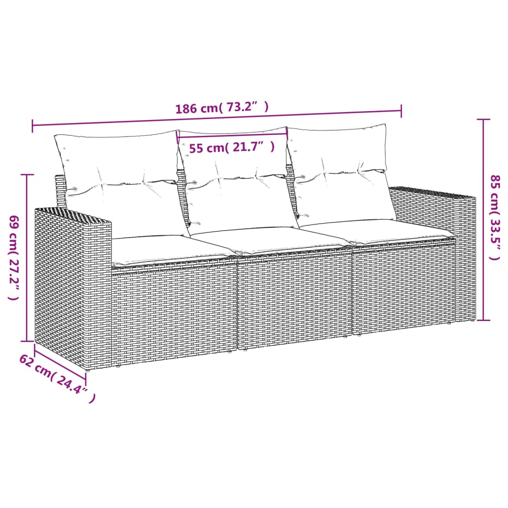 Set Divano da Giardino 3 pz con Cuscini Beige in Polyrattan