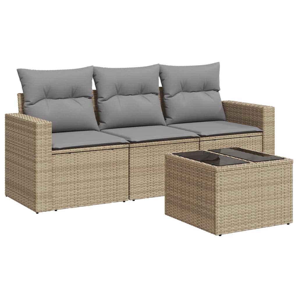 Set Divano da Giardino 4 pz con Cuscini Beige in Polyrattan