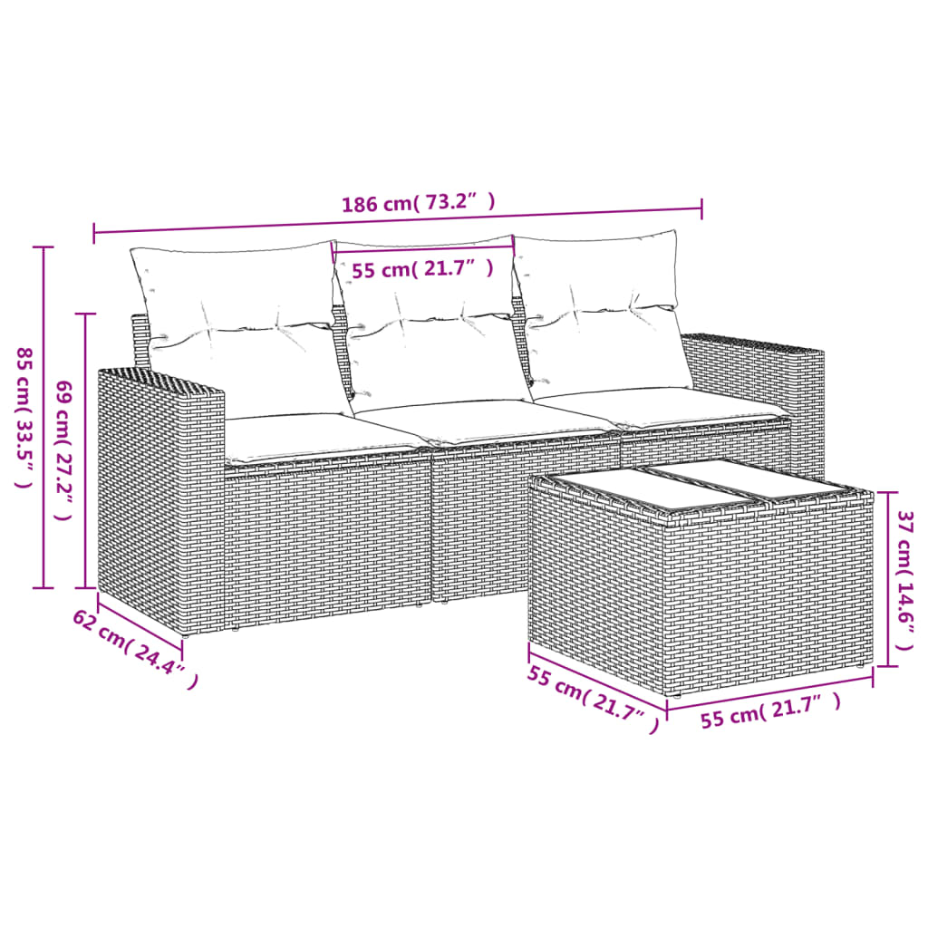 Set Divano da Giardino 4 pz con Cuscini Beige in Polyrattan