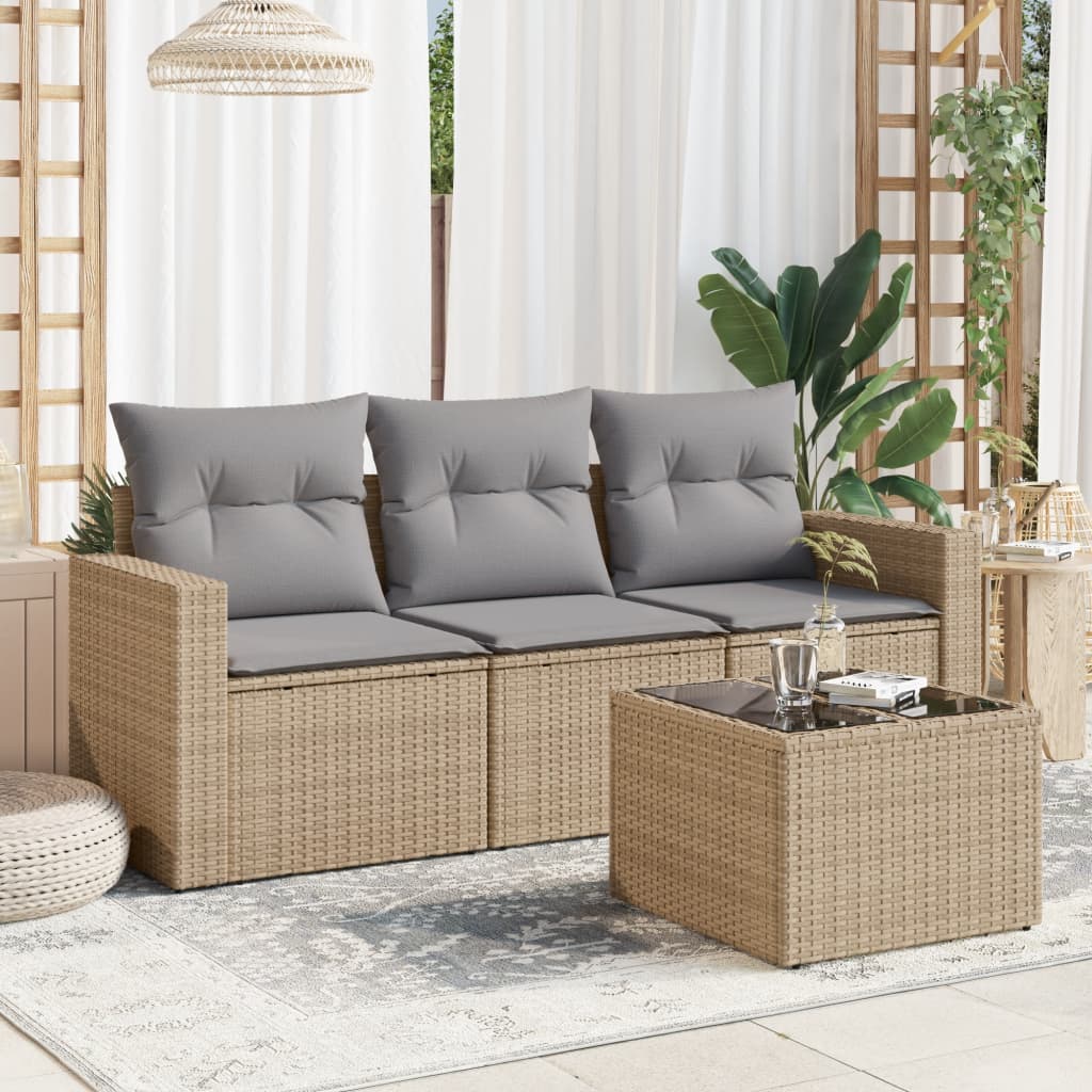 Set Divano da Giardino 4 pz con Cuscini Beige in Polyrattan