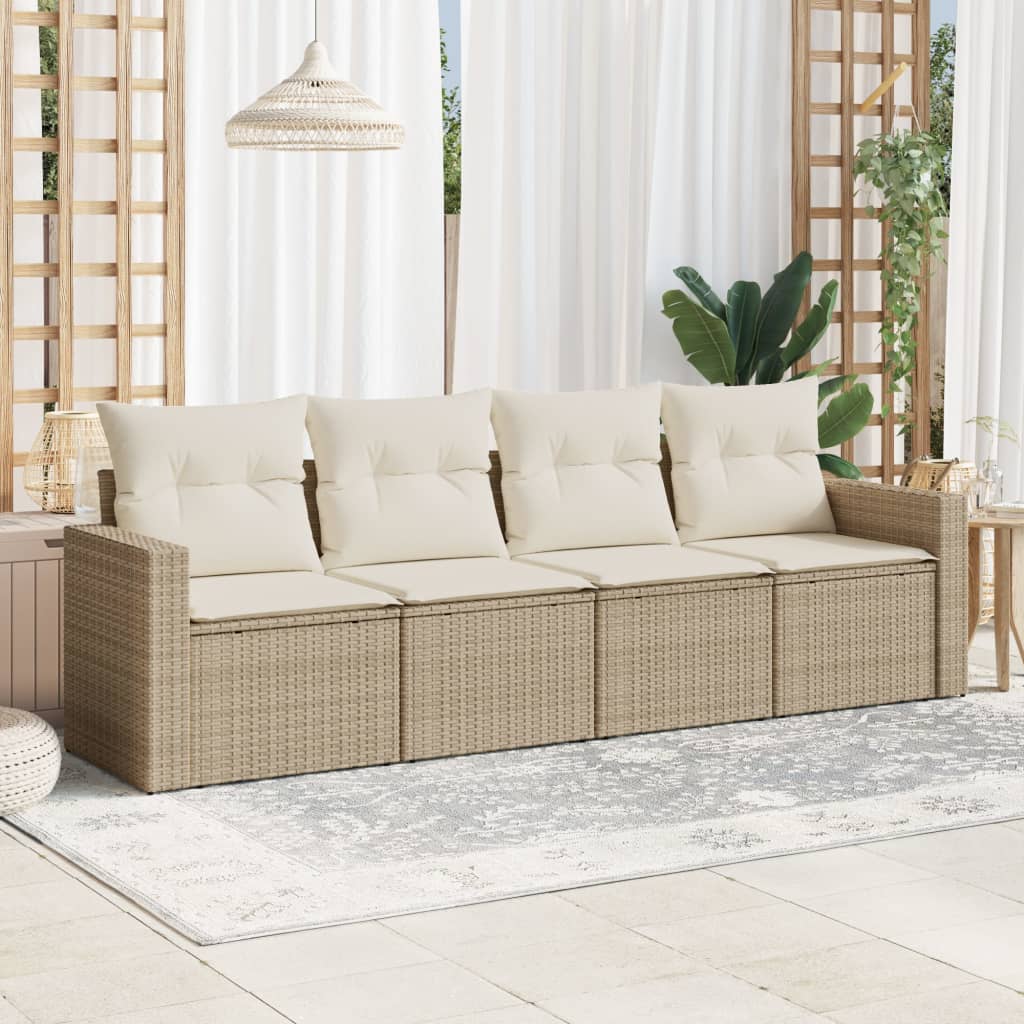 Set Divano da Giardino 4 pz con Cuscini Beige in Polyrattan