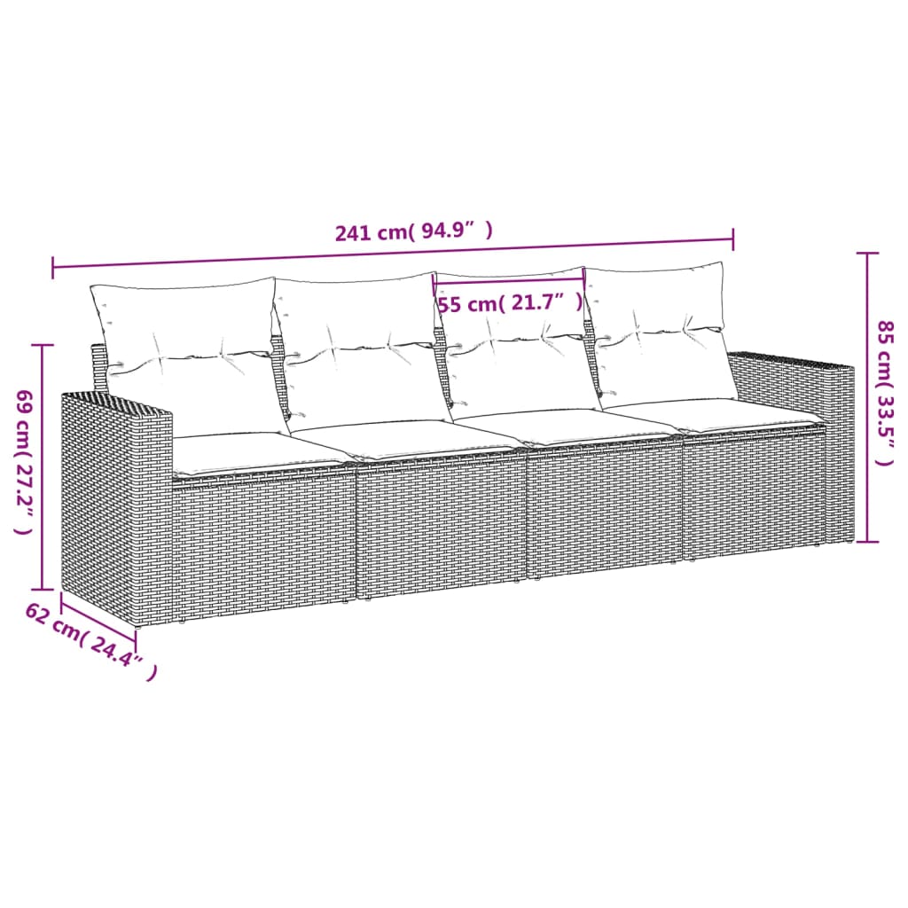 Set Divani da Giardino 4 pz con Cuscini in Polyrattan Grigio