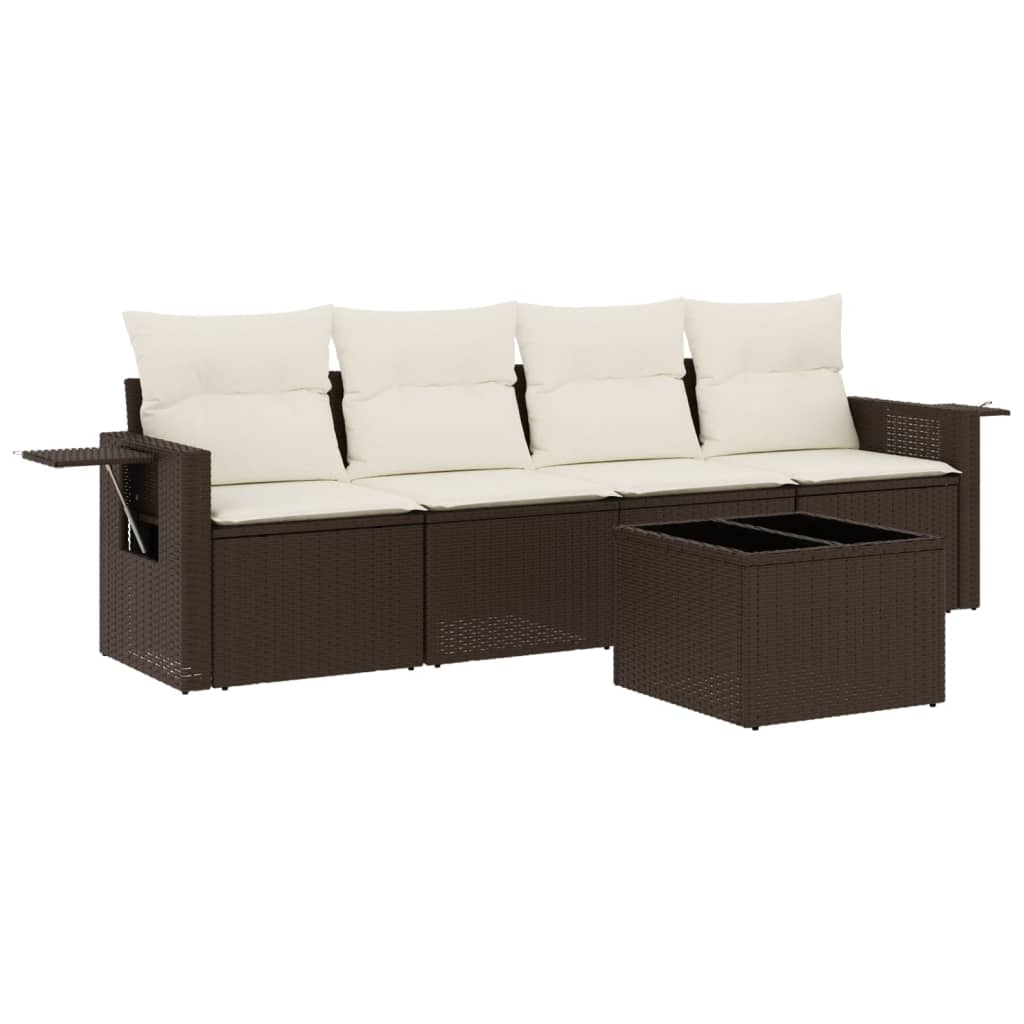 Set Divano da Giardino 5 pz con Cuscini Marrone in Polyrattan