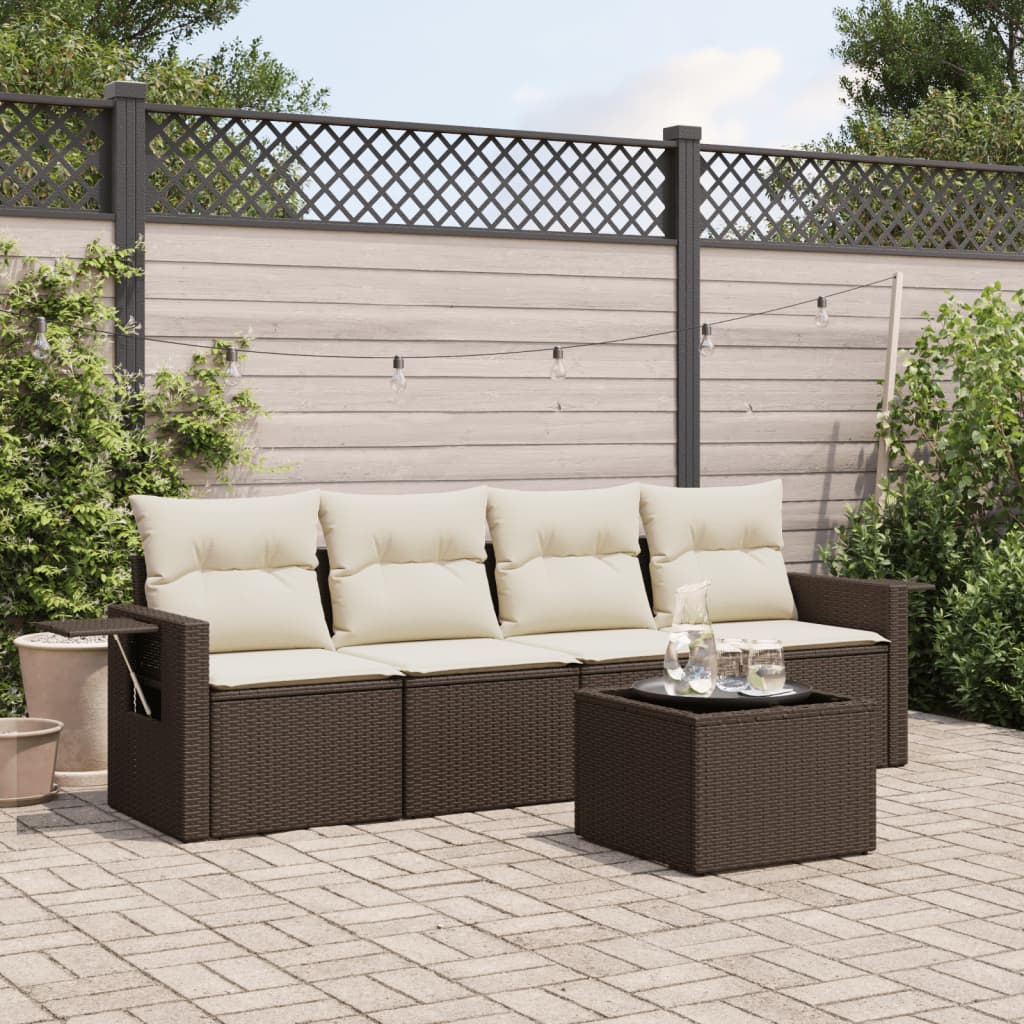 Set Divano da Giardino 5 pz con Cuscini Marrone in Polyrattan