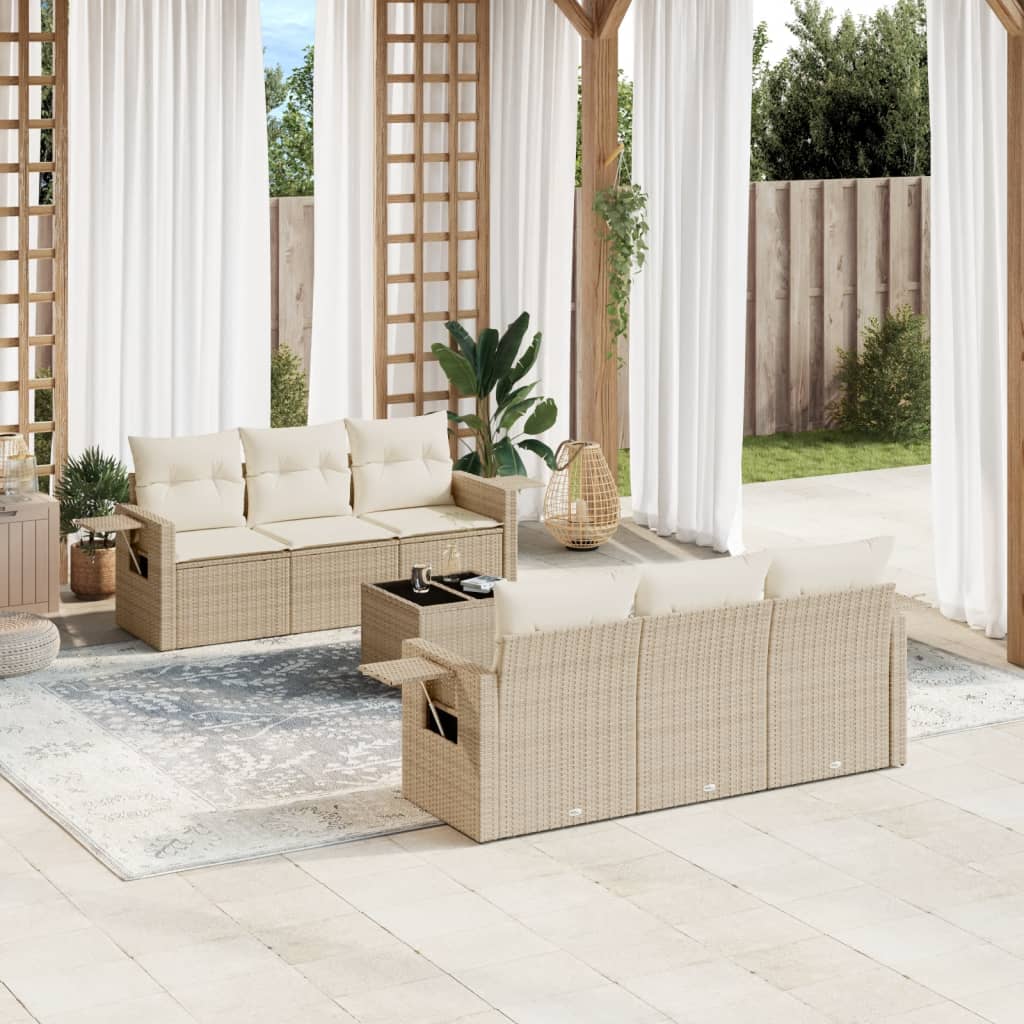 Set Divani da Giardino 7 pz con Cuscini Beige in Polyrattan