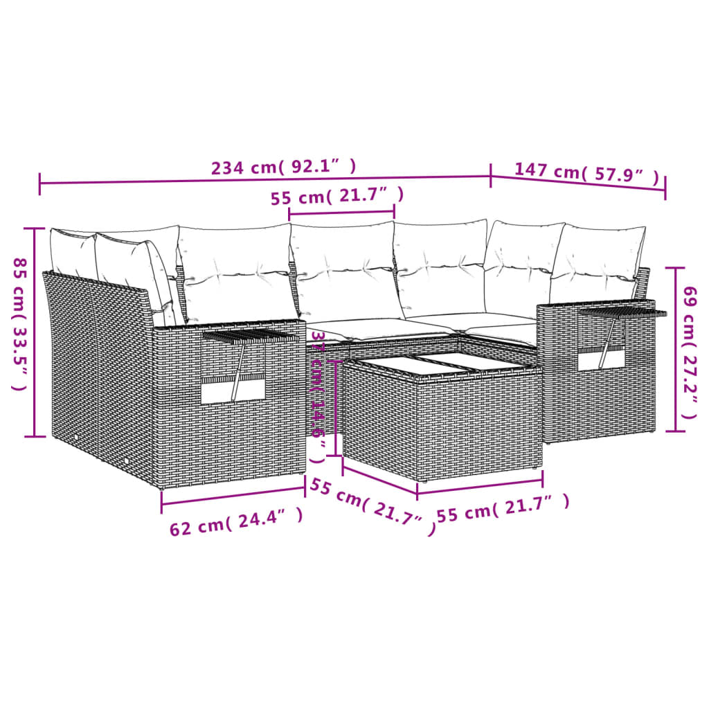 Set Divani da Giardino 7 pz con Cuscini Marrone in Polyrattan