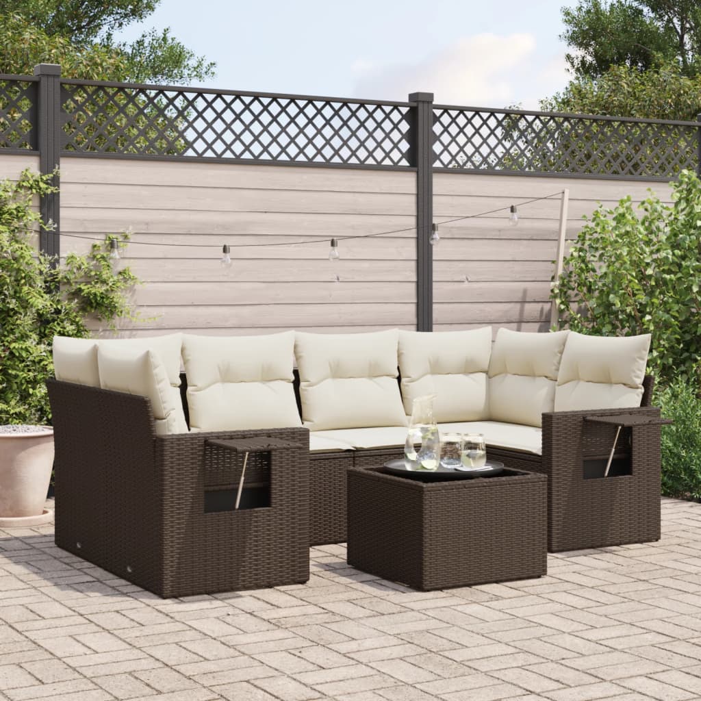 Set Divani da Giardino 7 pz con Cuscini Marrone in Polyrattan