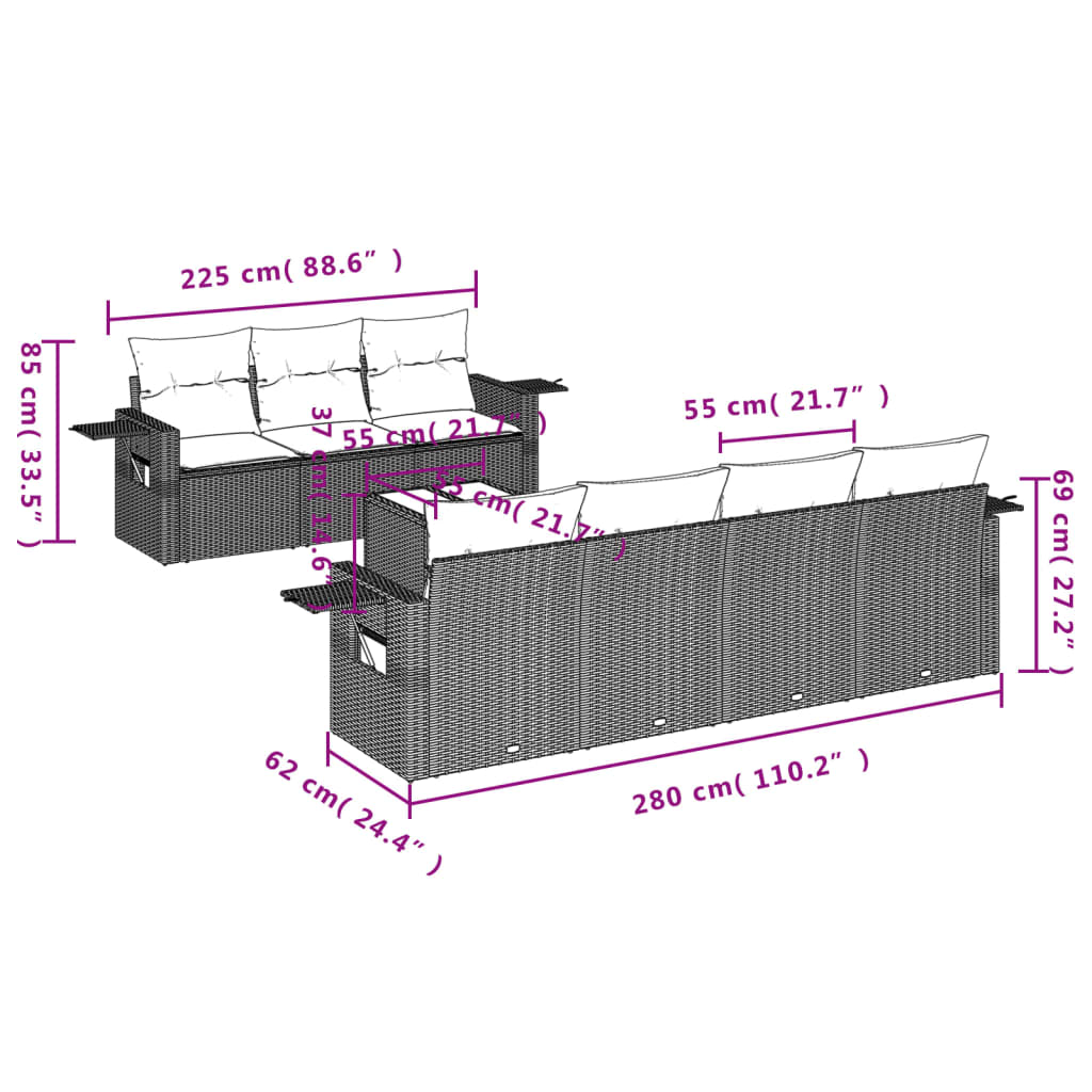 Set Divani da Giardino 8 pz con Cuscini Marrone in Polyrattan