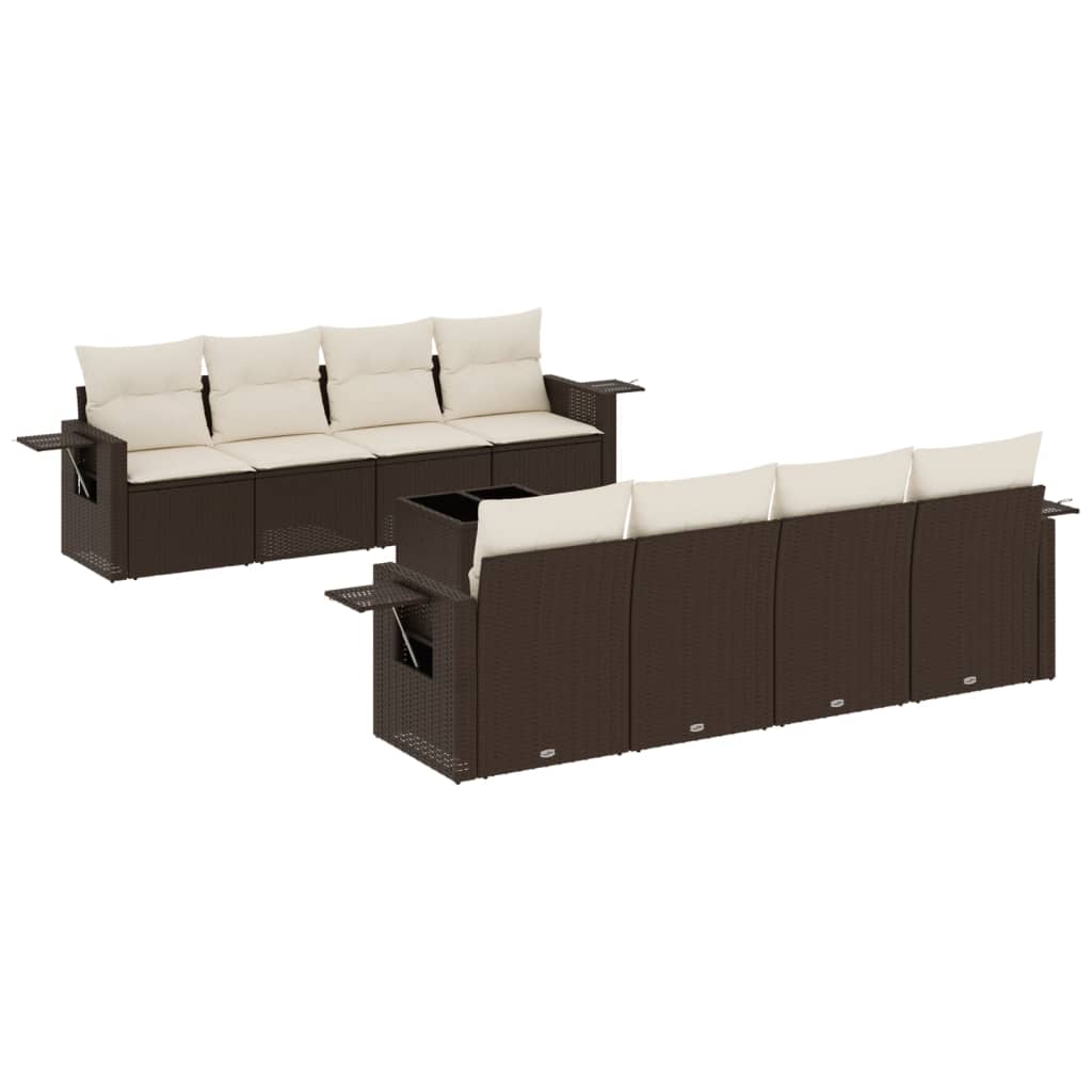 Set Divani da Giardino 9pz con Cuscini Marrone in Polyrattan