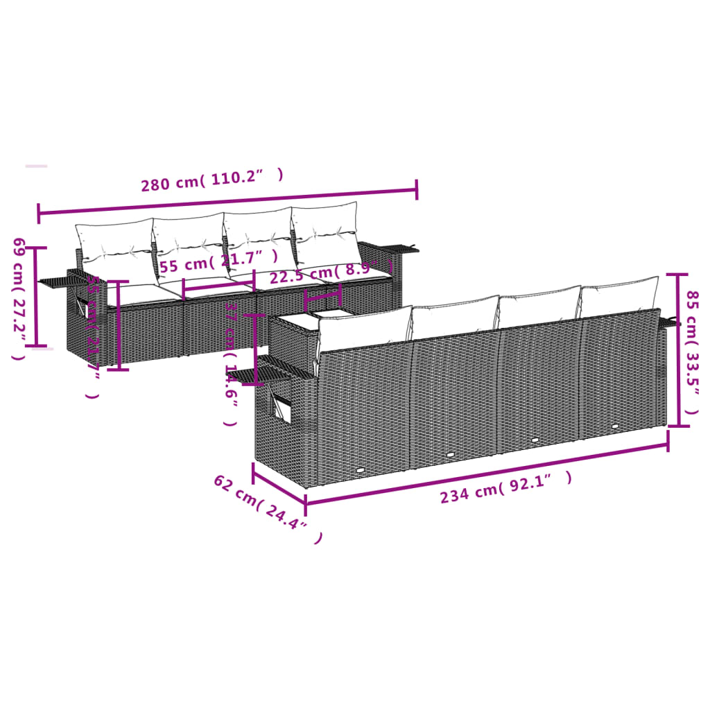 Set Divani da Giardino 9pz con Cuscini Marrone in Polyrattan