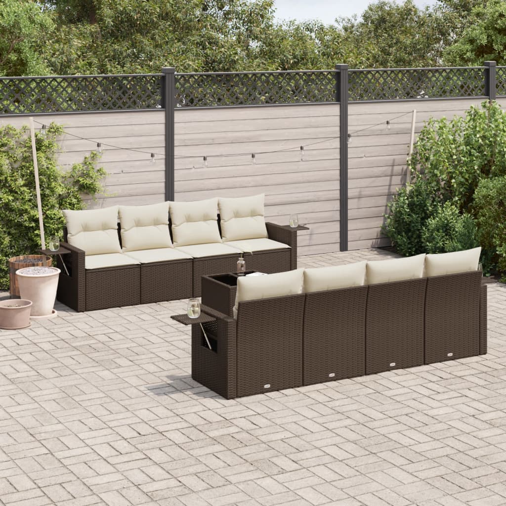 Set Divani da Giardino 9pz con Cuscini Marrone in Polyrattan