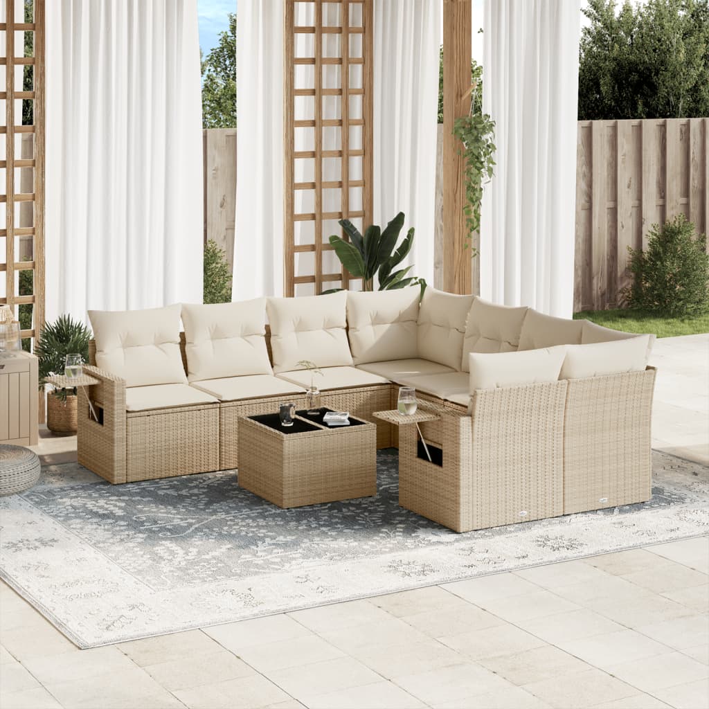 Set Divano da Giardino 9 pz con Cuscini Beige in Polyrattan