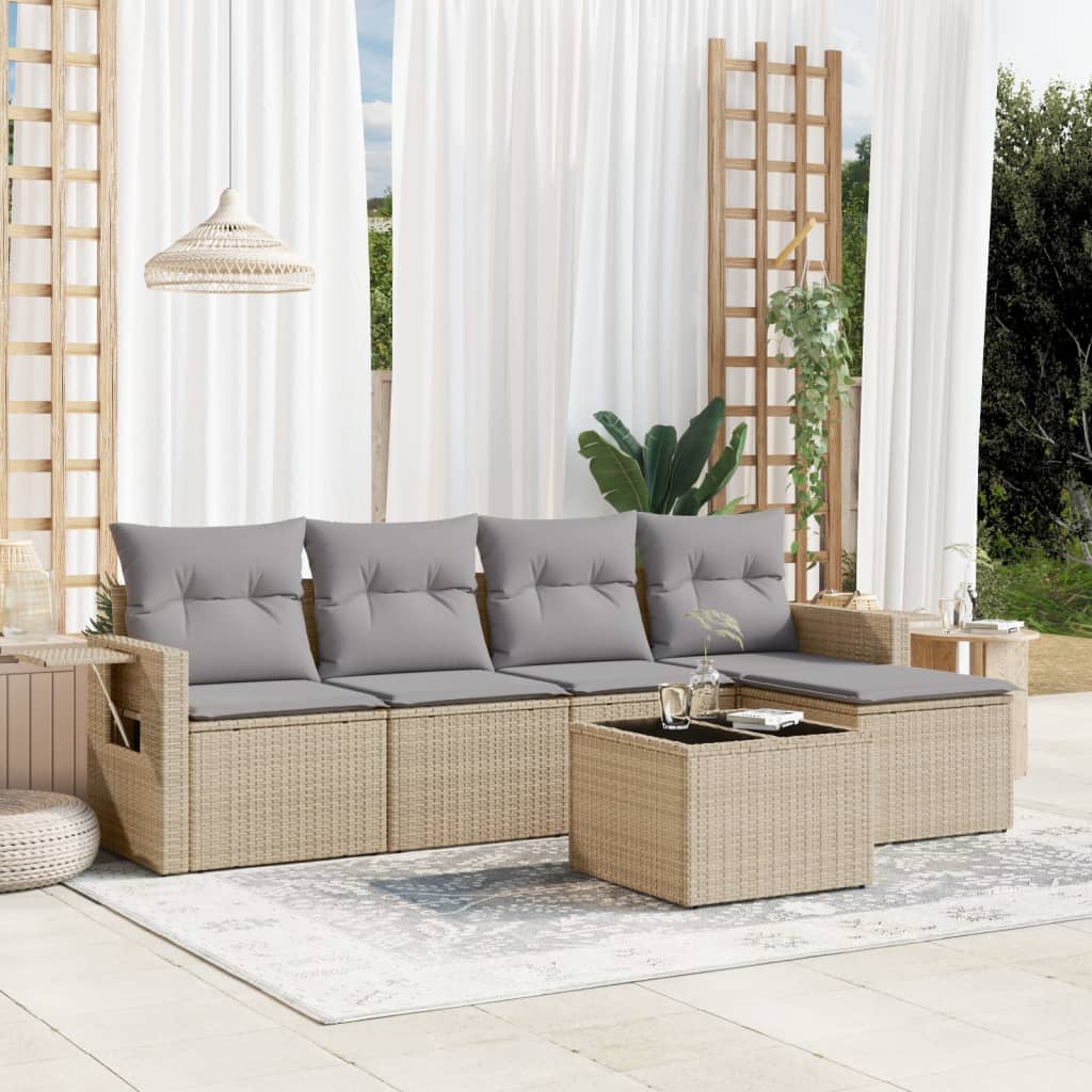 Set Divano da Giardino 6 pz con Cuscini Beige in Polyrattan