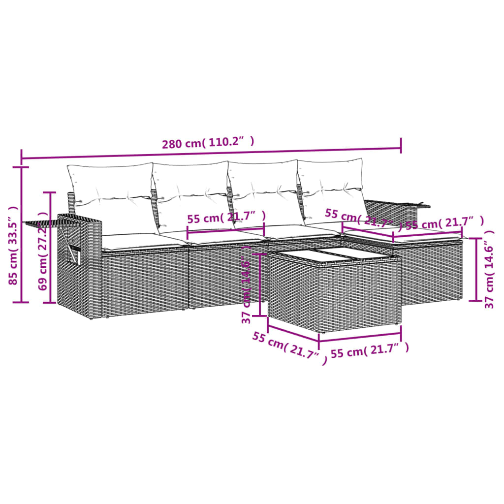 Set Divano da Giardino 6 pz con Cuscini Marrone in Polyrattan