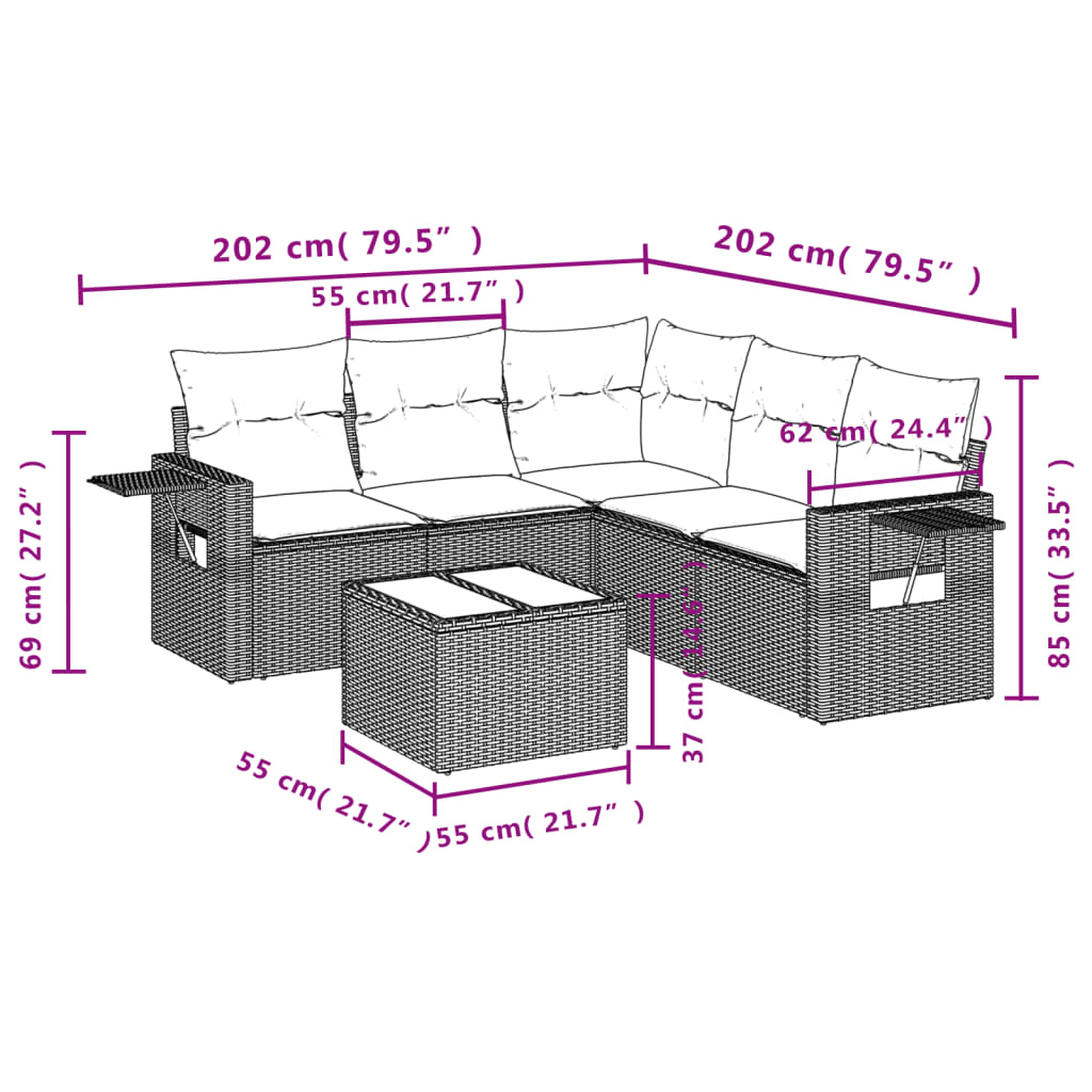 Set Divano da Giardino 6 pz con Cuscini Beige in Polyrattan