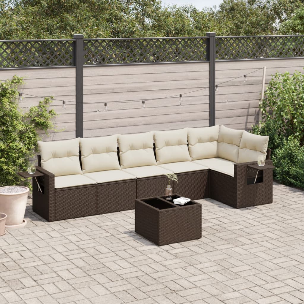 Set Divani da Giardino 7 pz con Cuscini Marrone in Polyrattan