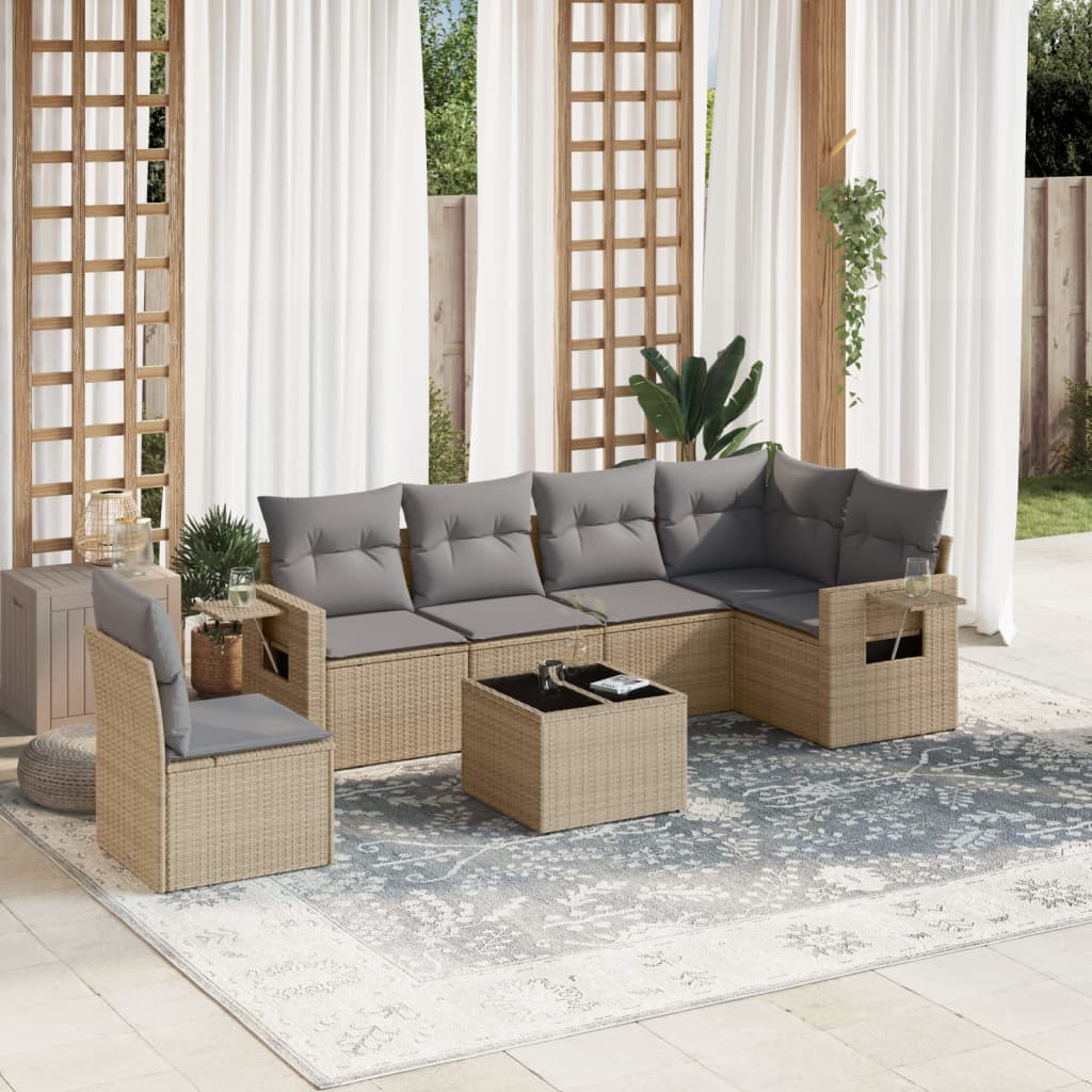 Set Divani da Giardino 7 pz con Cuscini Beige in Polyrattan