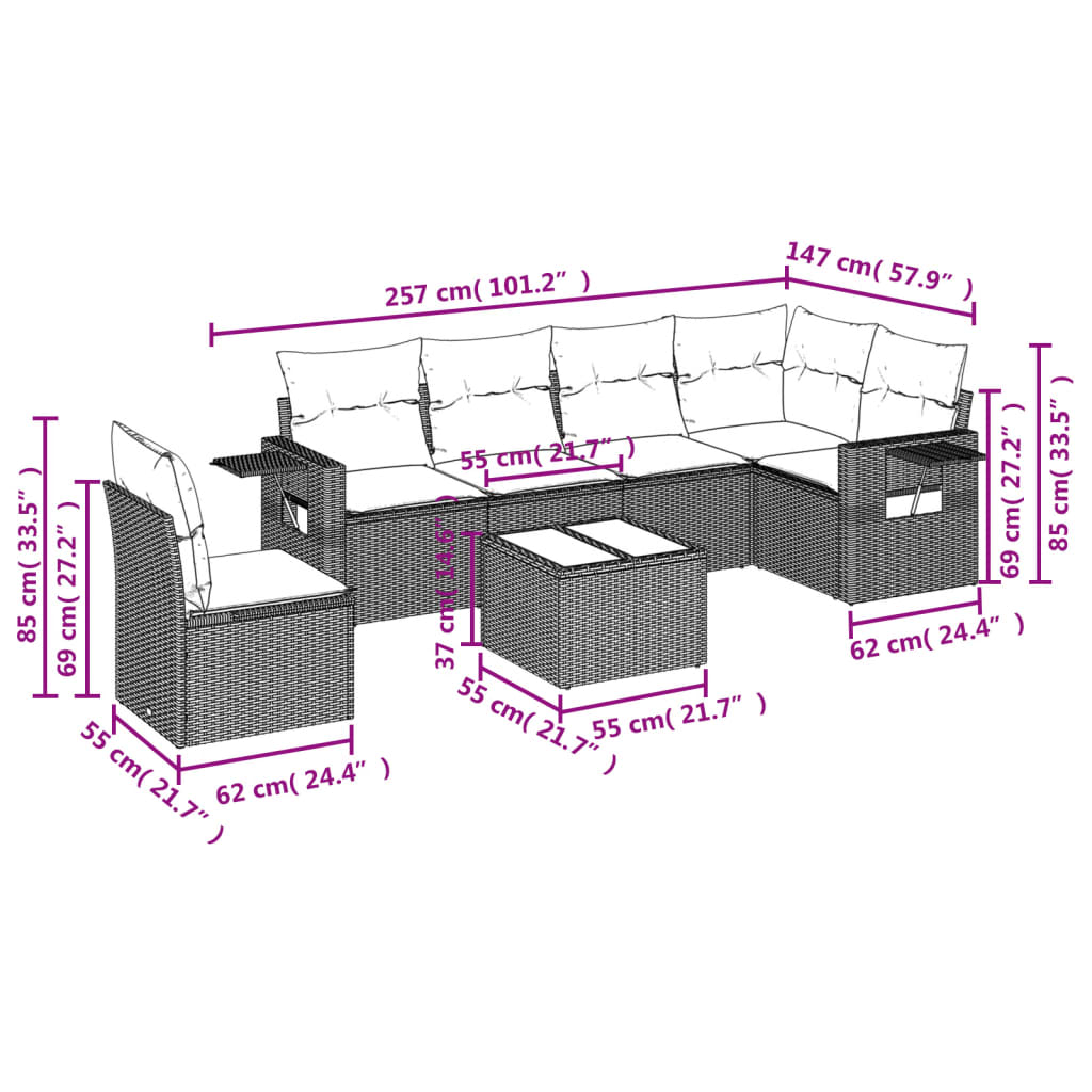 Set Divani da Giardino 7 pz con Cuscini Marrone in Polyrattan