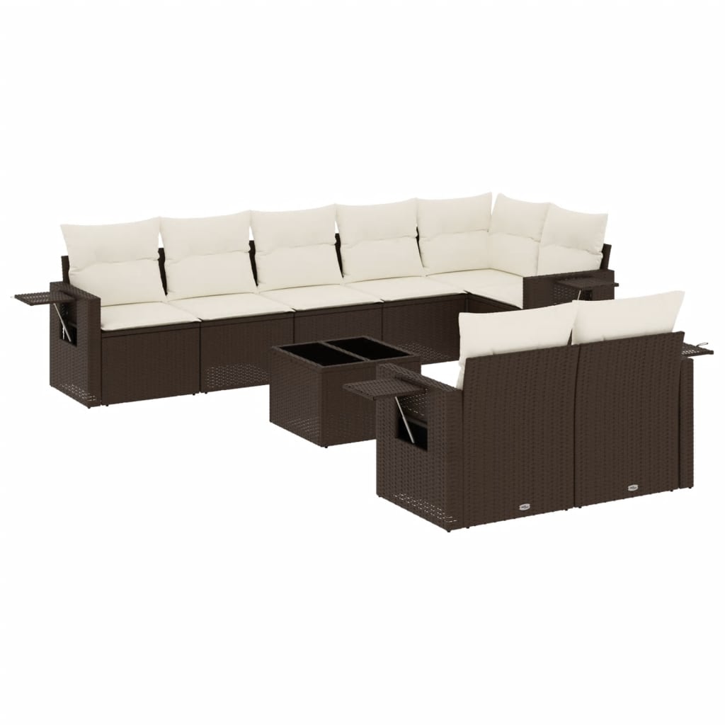 Set Divani da Giardino 9pz con Cuscini Marrone in Polyrattan