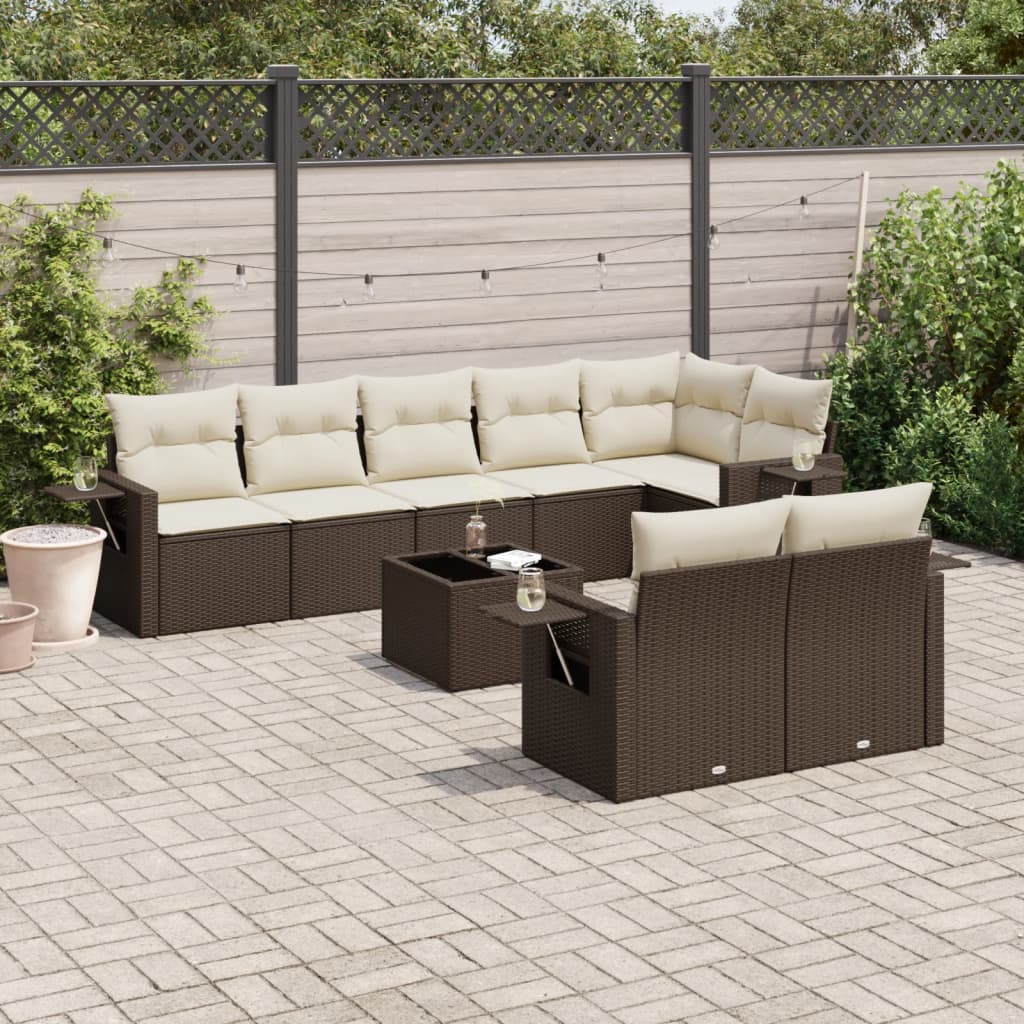 Set Divani da Giardino 9pz con Cuscini Marrone in Polyrattan