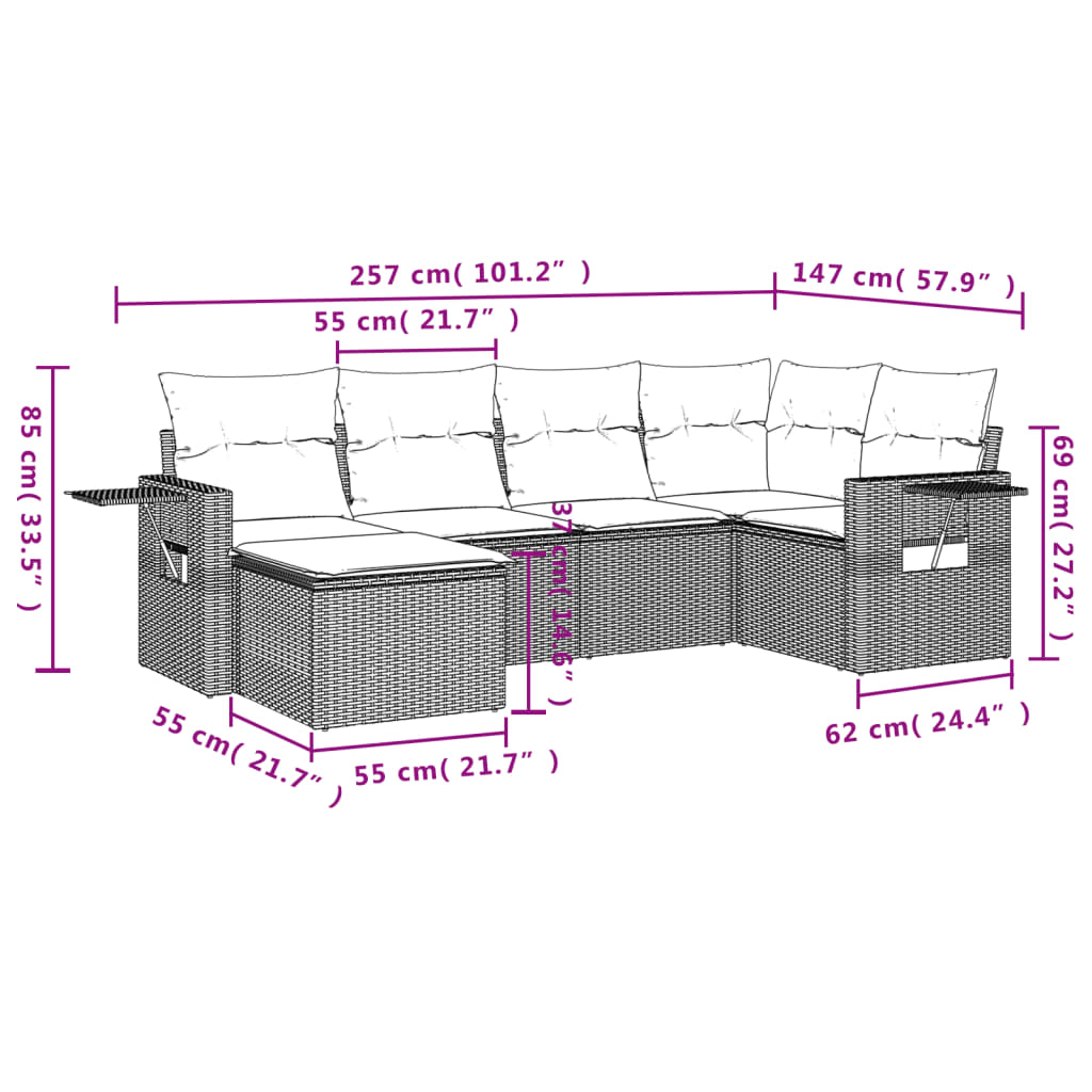 Set Divano da Giardino 6 pz con Cuscini Beige in Polyrattan