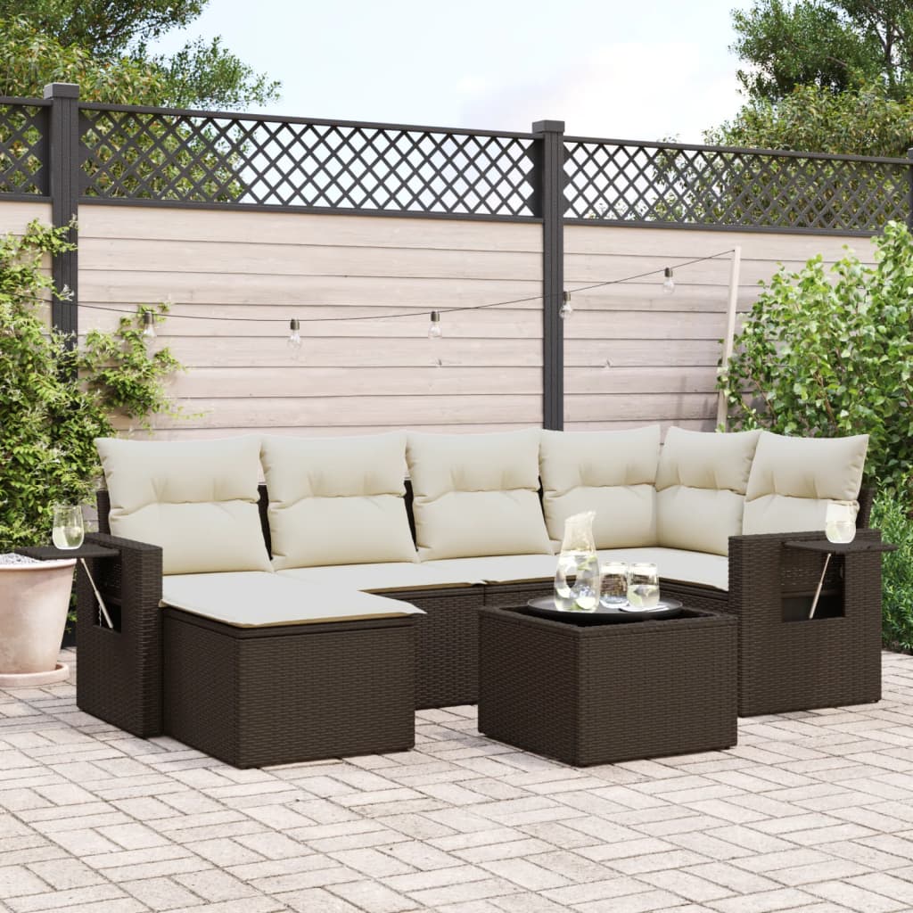 Set Divani da Giardino 7 pz con Cuscini Marrone in Polyrattan