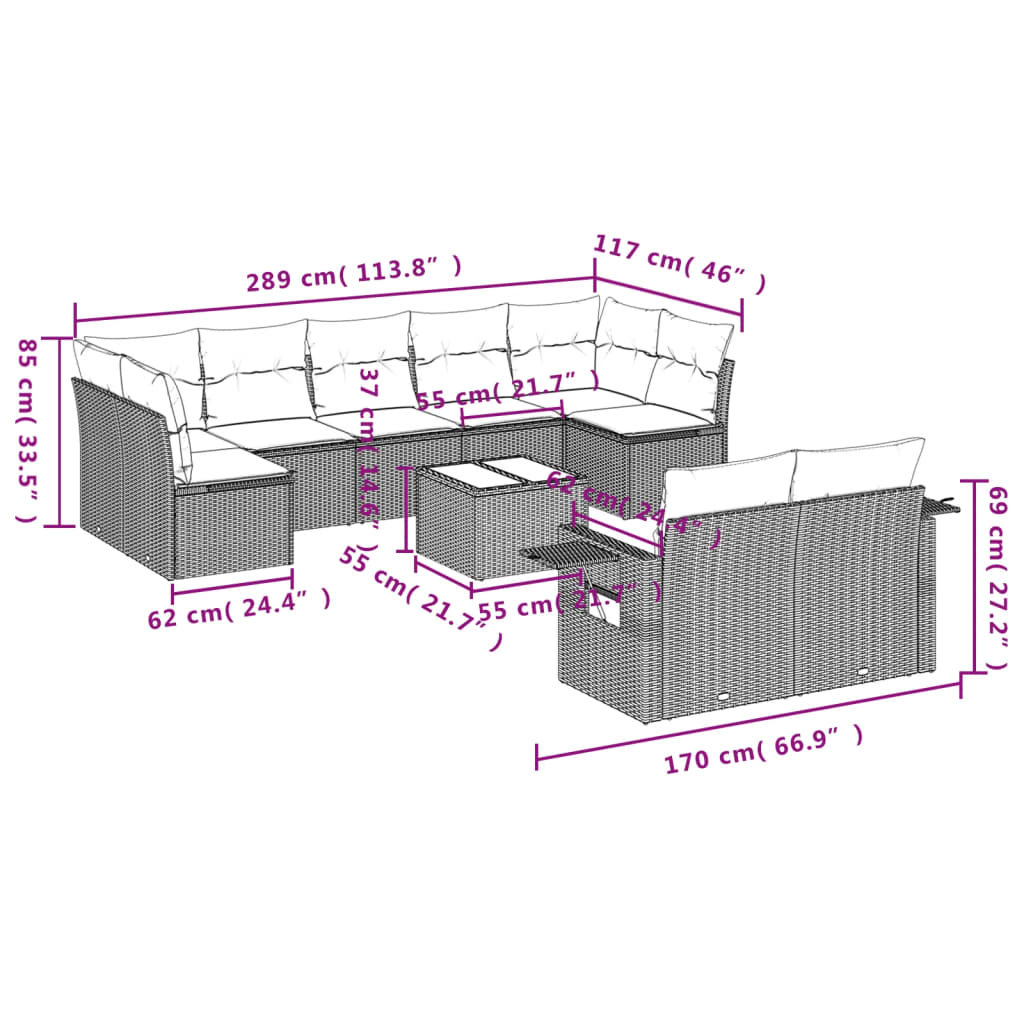 Set Divani da Giardino 10pz con Cuscini in Polyrattan Marrone