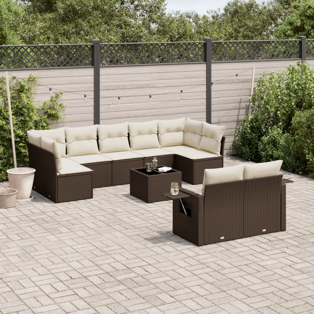 Set Divani da Giardino 10pz con Cuscini in Polyrattan Marrone