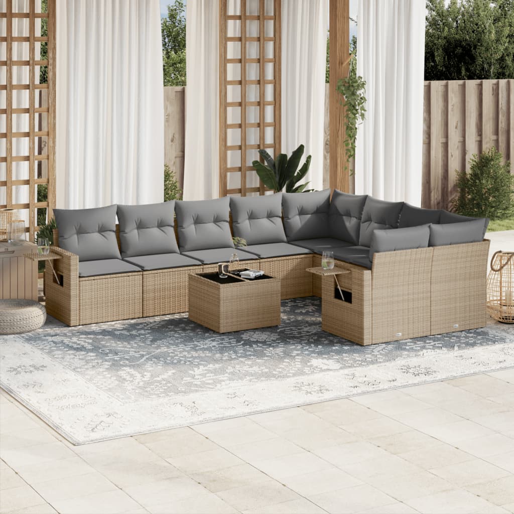 Set Divano da Giardino 10 pz con Cuscini Beige in Polyrattan