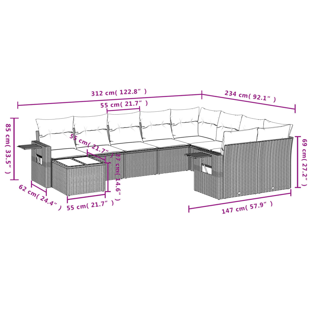 Set Divani da Giardino 10pz con Cuscini in Polyrattan Marrone