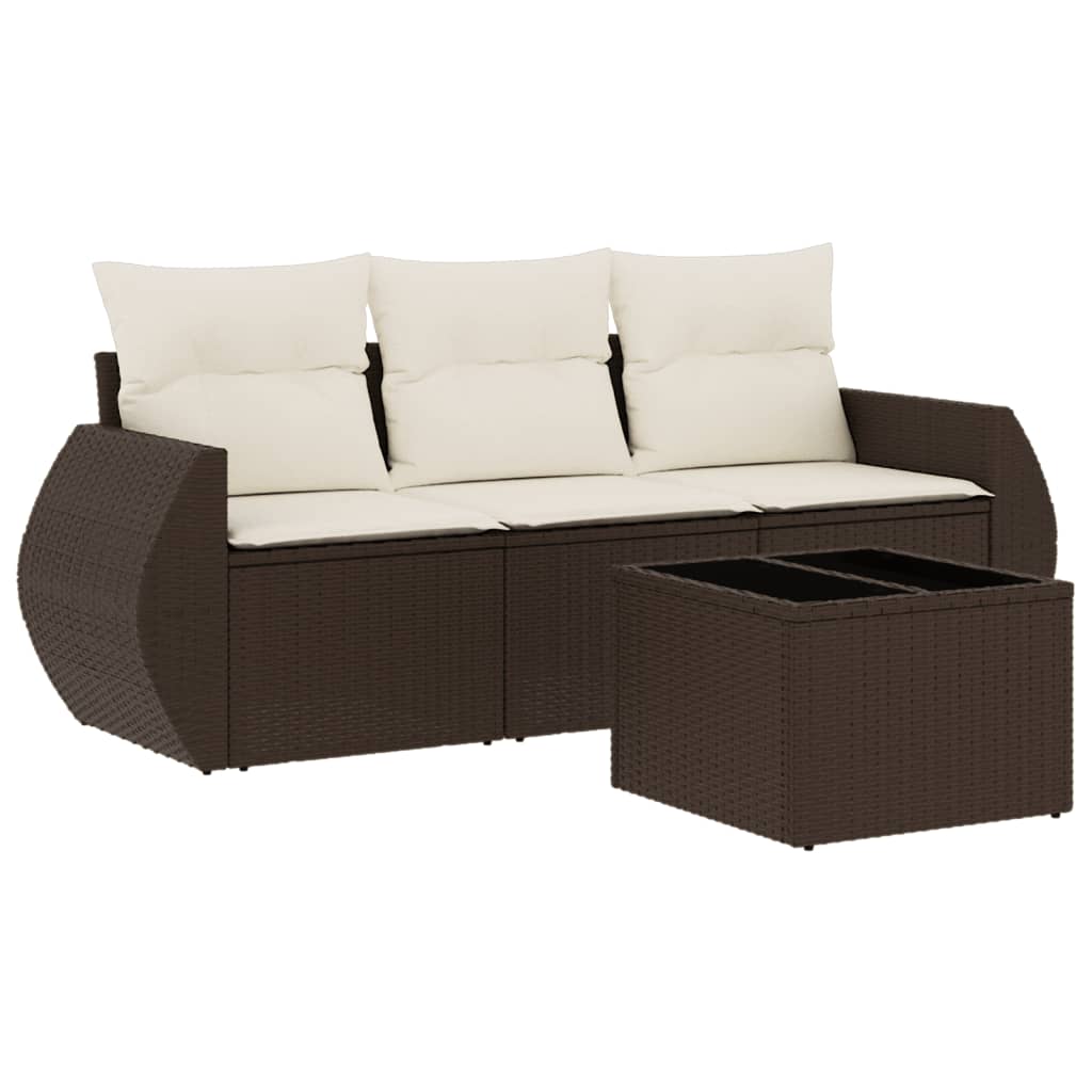 Set Divano da Giardino 4 pz con Cuscini Marrone in Polyrattan