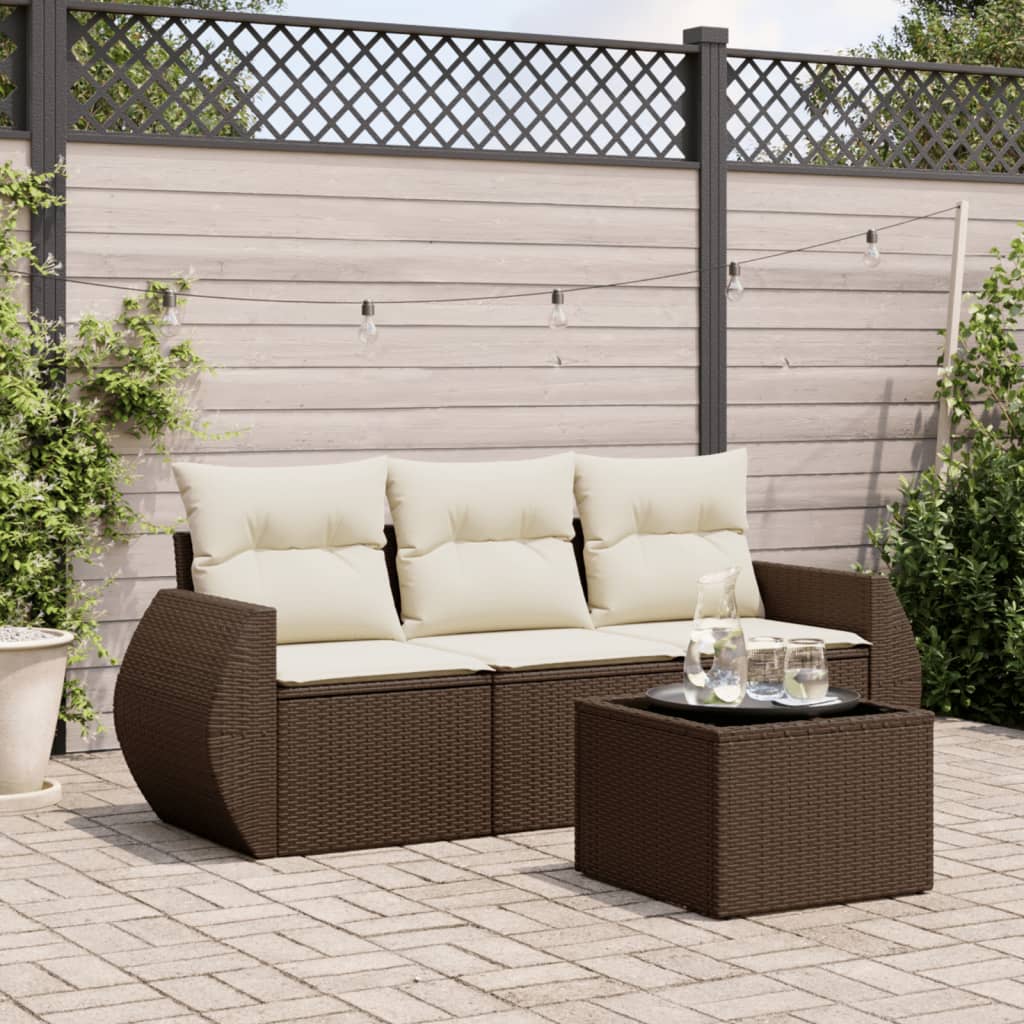 Set Divano da Giardino 4 pz con Cuscini Marrone in Polyrattan