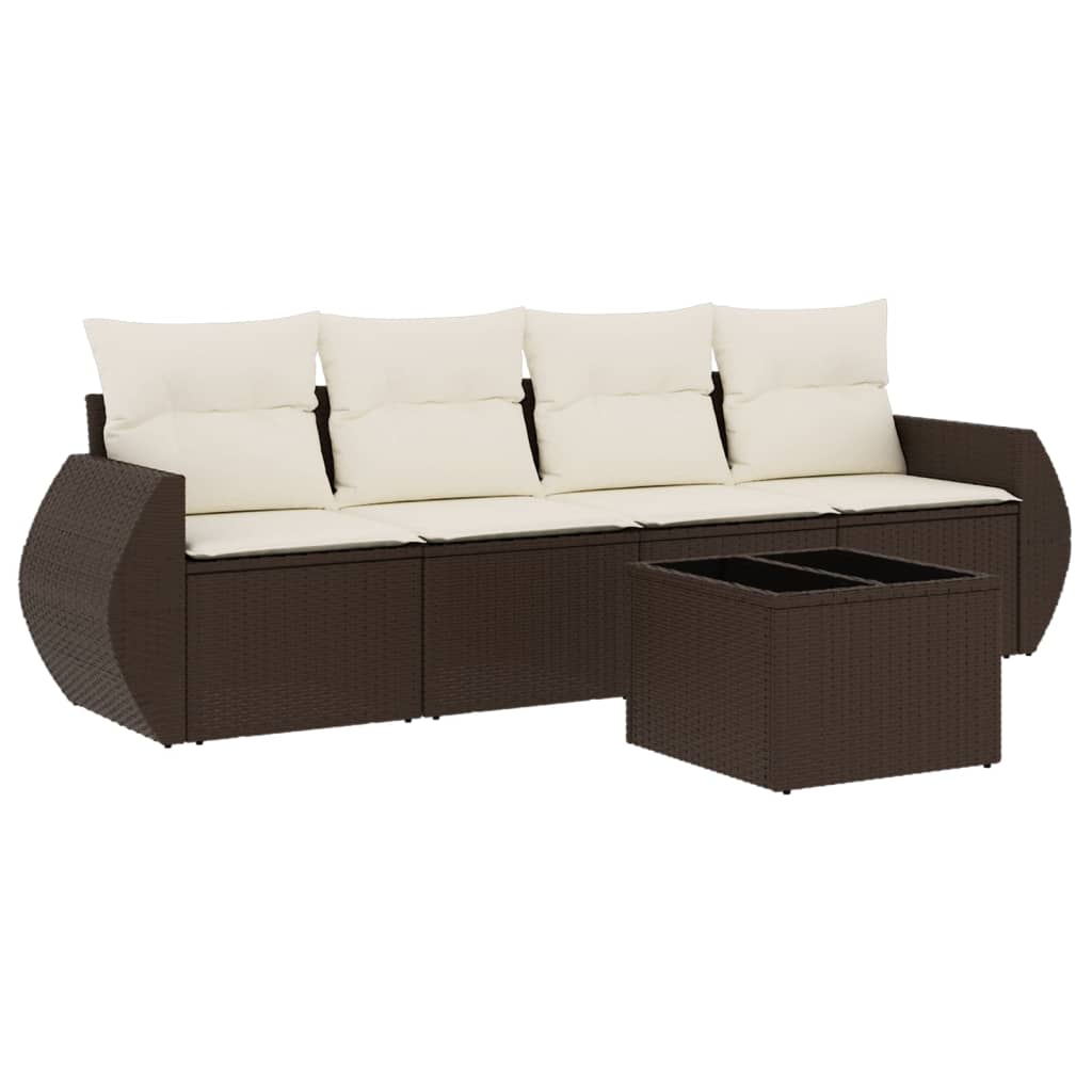 Set Divano da Giardino 5 pz con Cuscini Marrone in Polyrattan