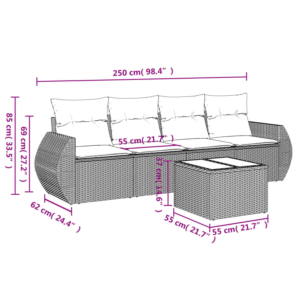 Set Divano da Giardino 5 pz con Cuscini Marrone in Polyrattan