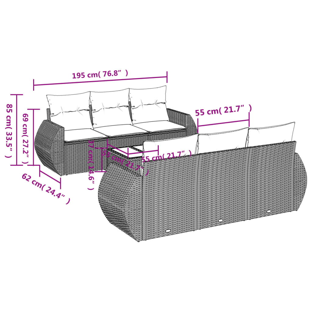 Set Divani da Giardino 7 pz con Cuscini Marrone in Polyrattan