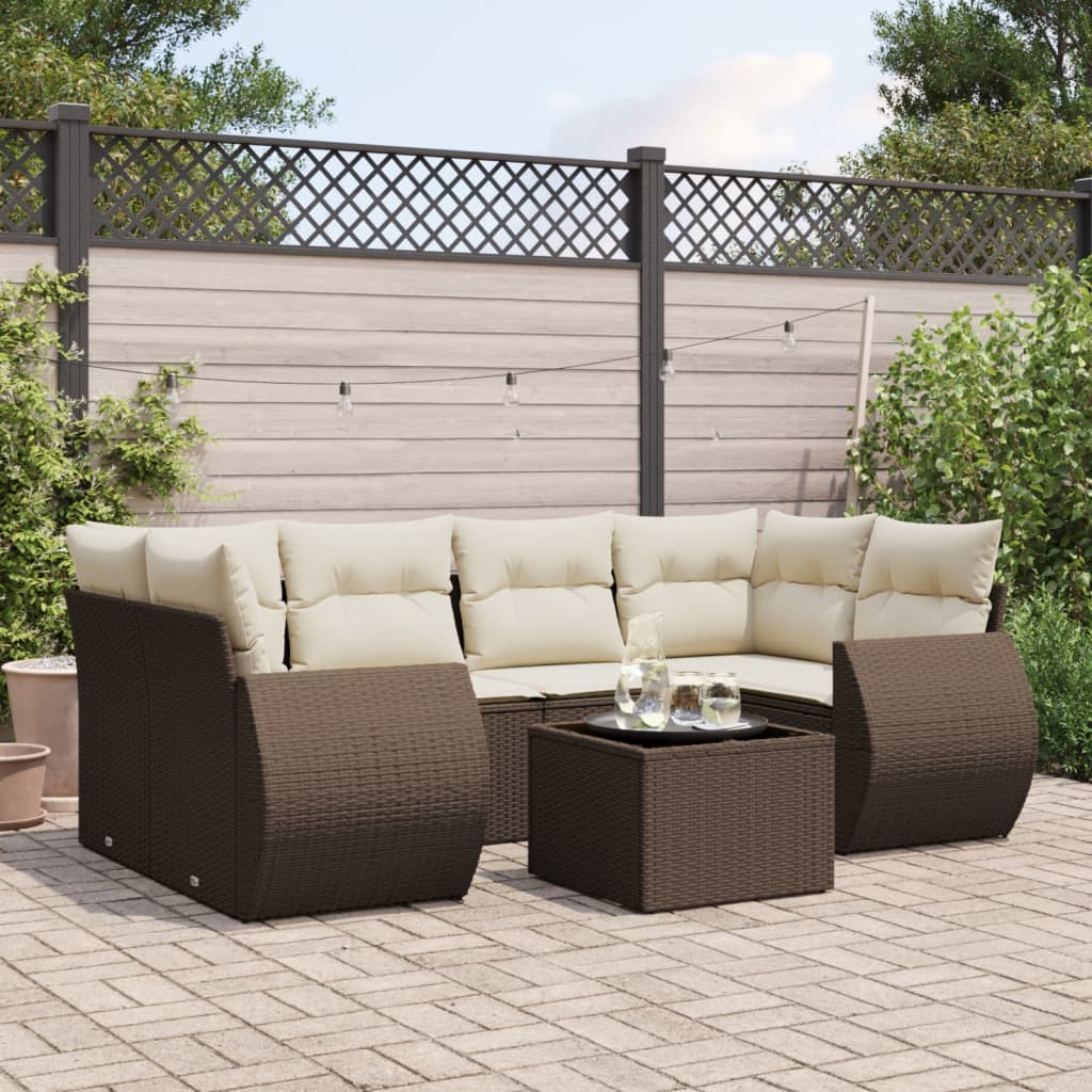 Set Divani da Giardino 7 pz con Cuscini Marrone in Polyrattan