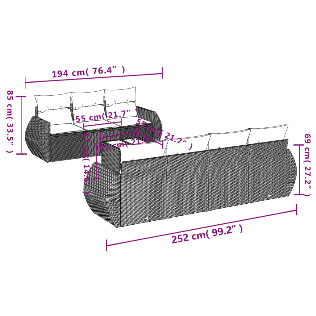 Set Divani da Giardino 8 pz con Cuscini Marrone in Polyrattan