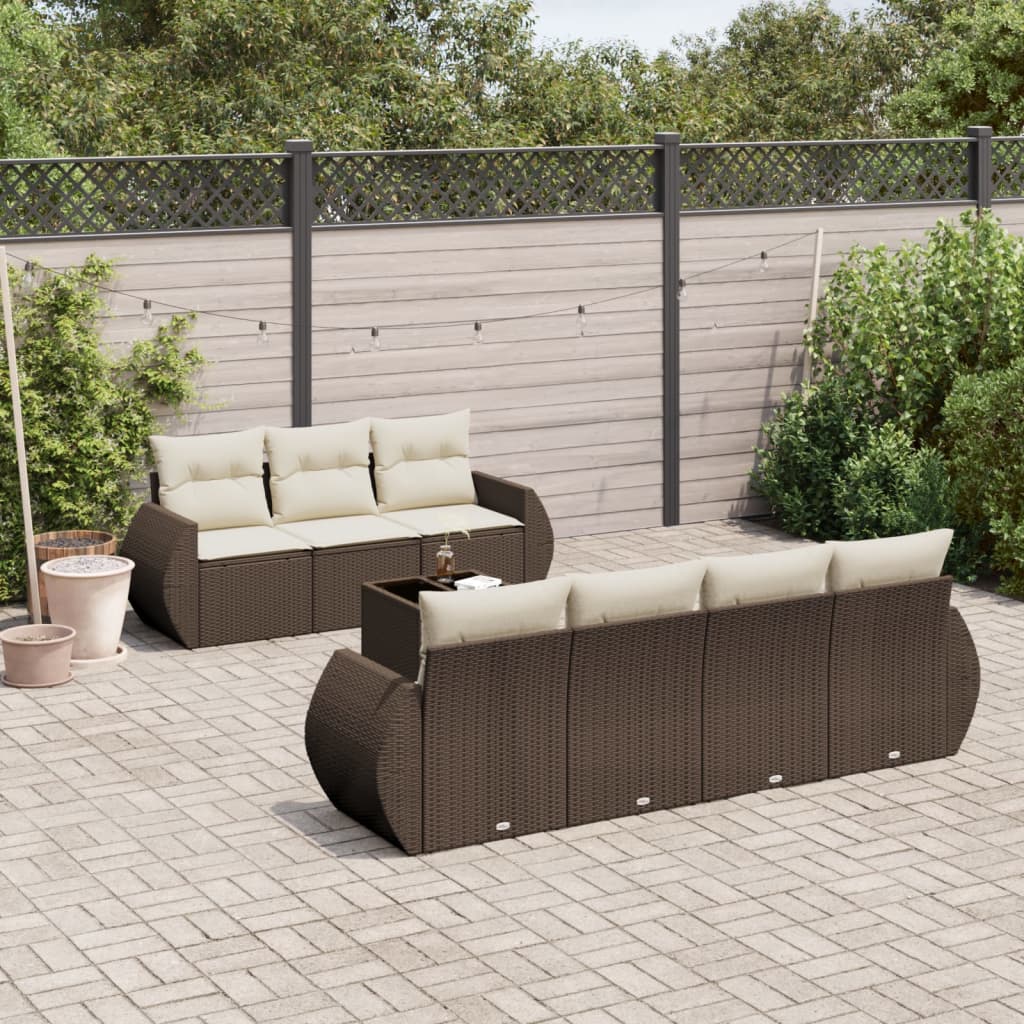 Set Divani da Giardino 8 pz con Cuscini Marrone in Polyrattan