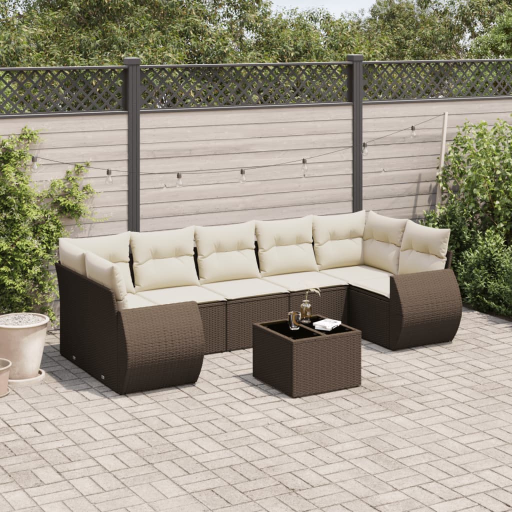 Set Divani da Giardino 8 pz con Cuscini Marrone in Polyrattan