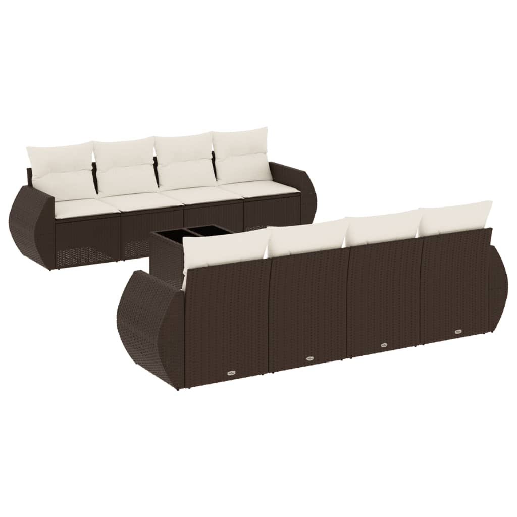 Set Divani da Giardino 9pz con Cuscini Marrone in Polyrattan