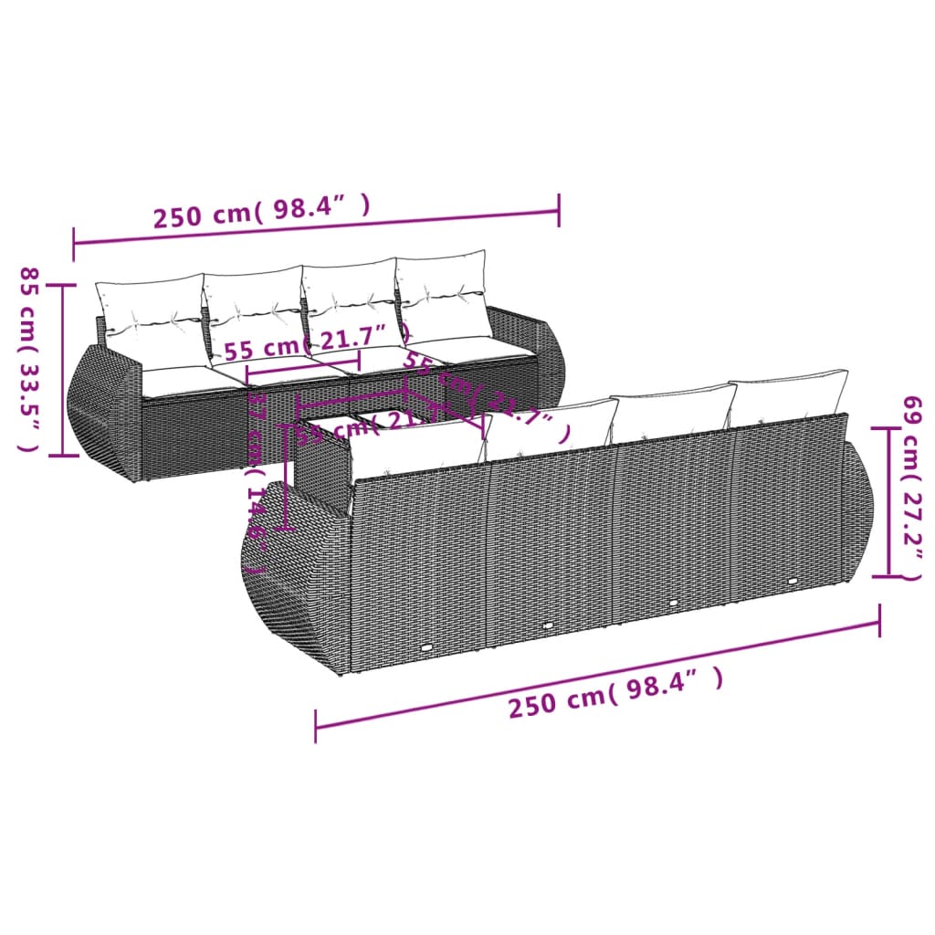 Set Divani da Giardino 9pz con Cuscini Marrone in Polyrattan