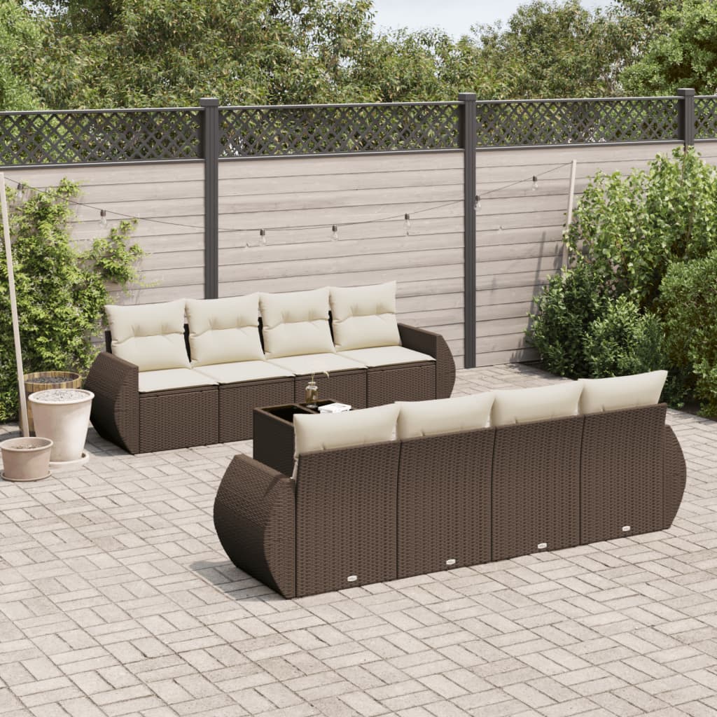 Set Divani da Giardino 9pz con Cuscini Marrone in Polyrattan