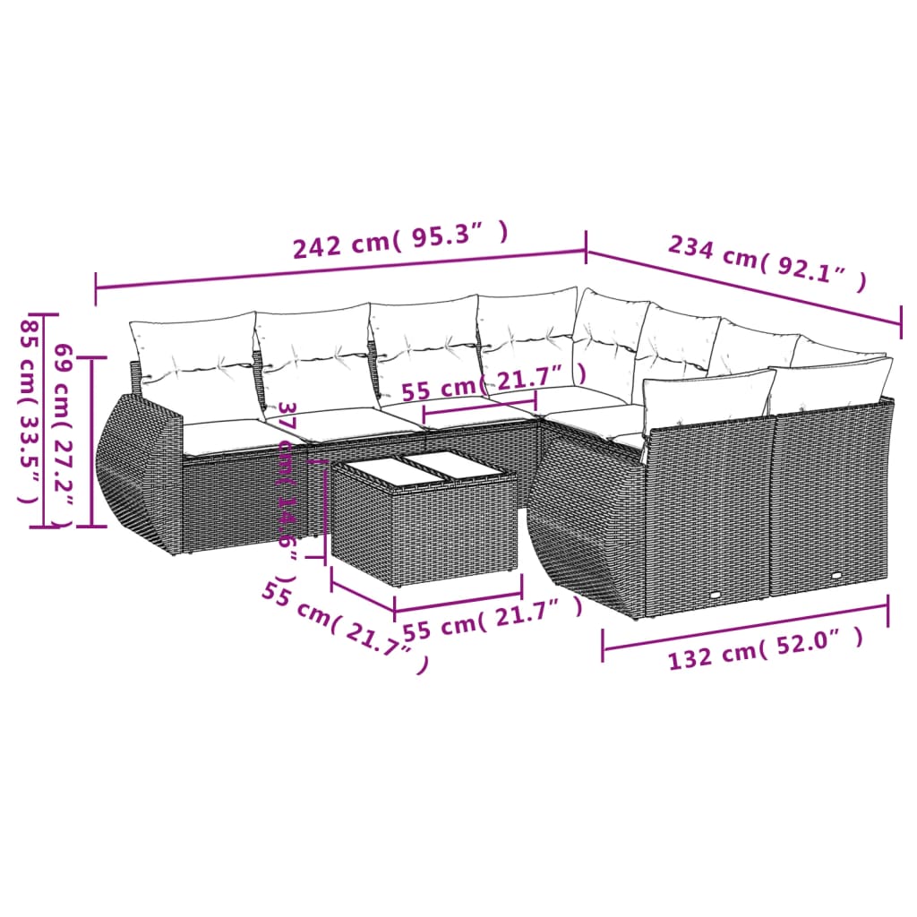 Set Divani da Giardino 9pz con Cuscini Marrone in Polyrattan