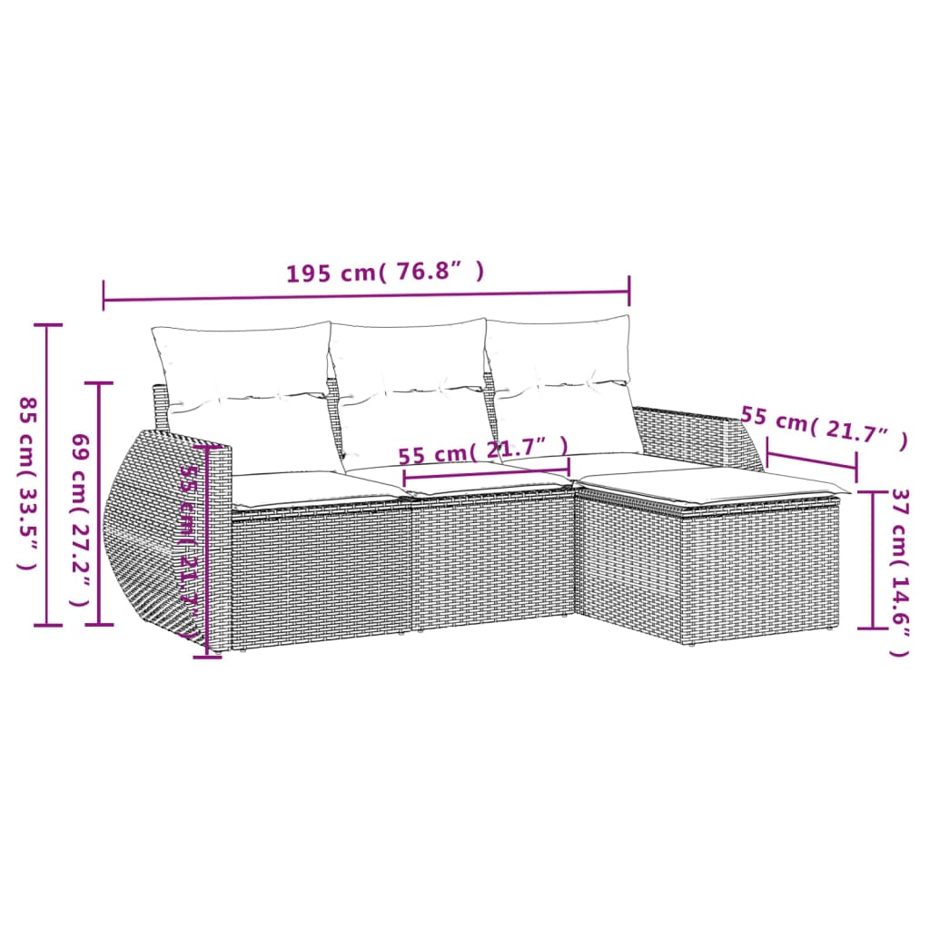 Set Divano da Giardino 4 pz con Cuscini Marrone in Polyrattan