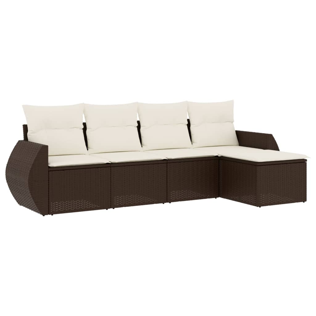 Set Divano da Giardino 5 pz con Cuscini Marrone in Polyrattan